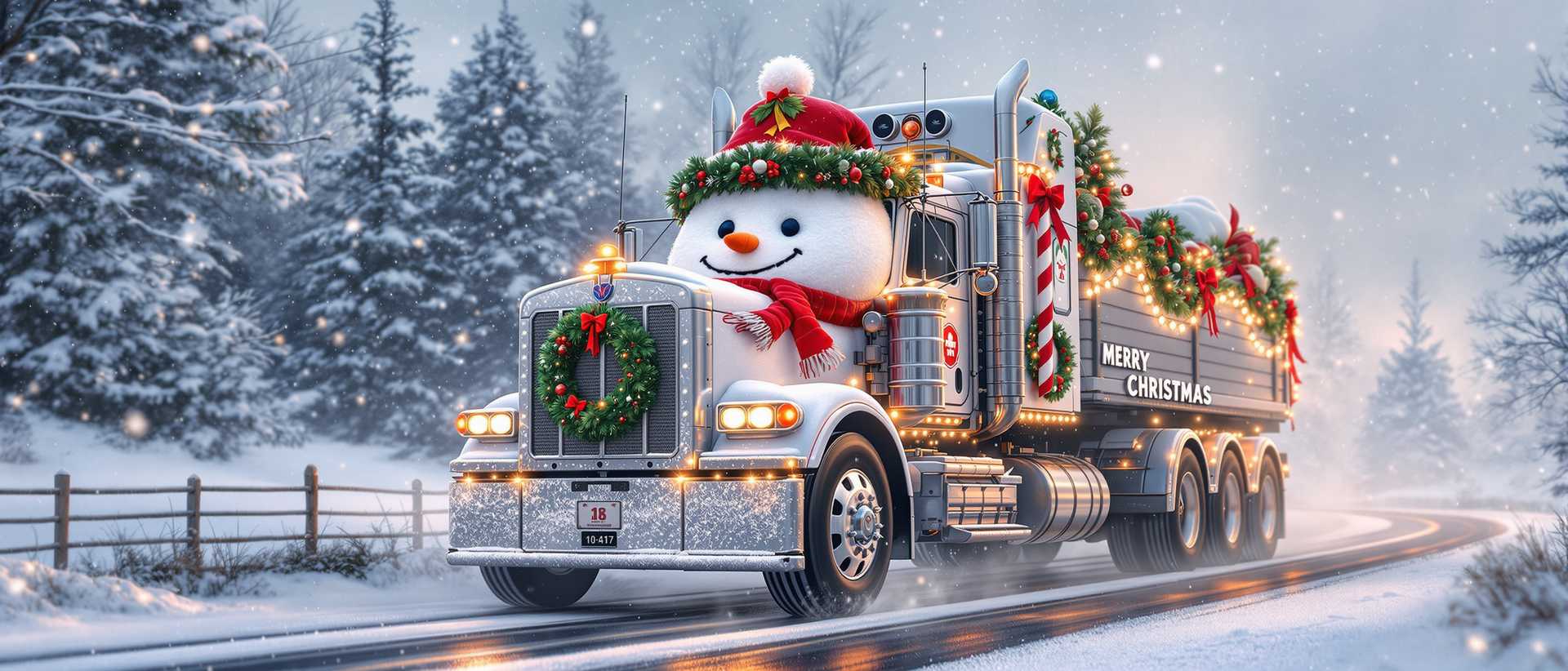 Whimsical hyper realistic,hyper detailed, 3D, a big white mack truck, the front of the truck is the face of Frosty the Snowman and on the sides of the truck are  Christmas wreath and other Christmas decoration. Background it's lightly snowing as the truck drives down a little country road. With the words "MERRY CHRISTMAS"