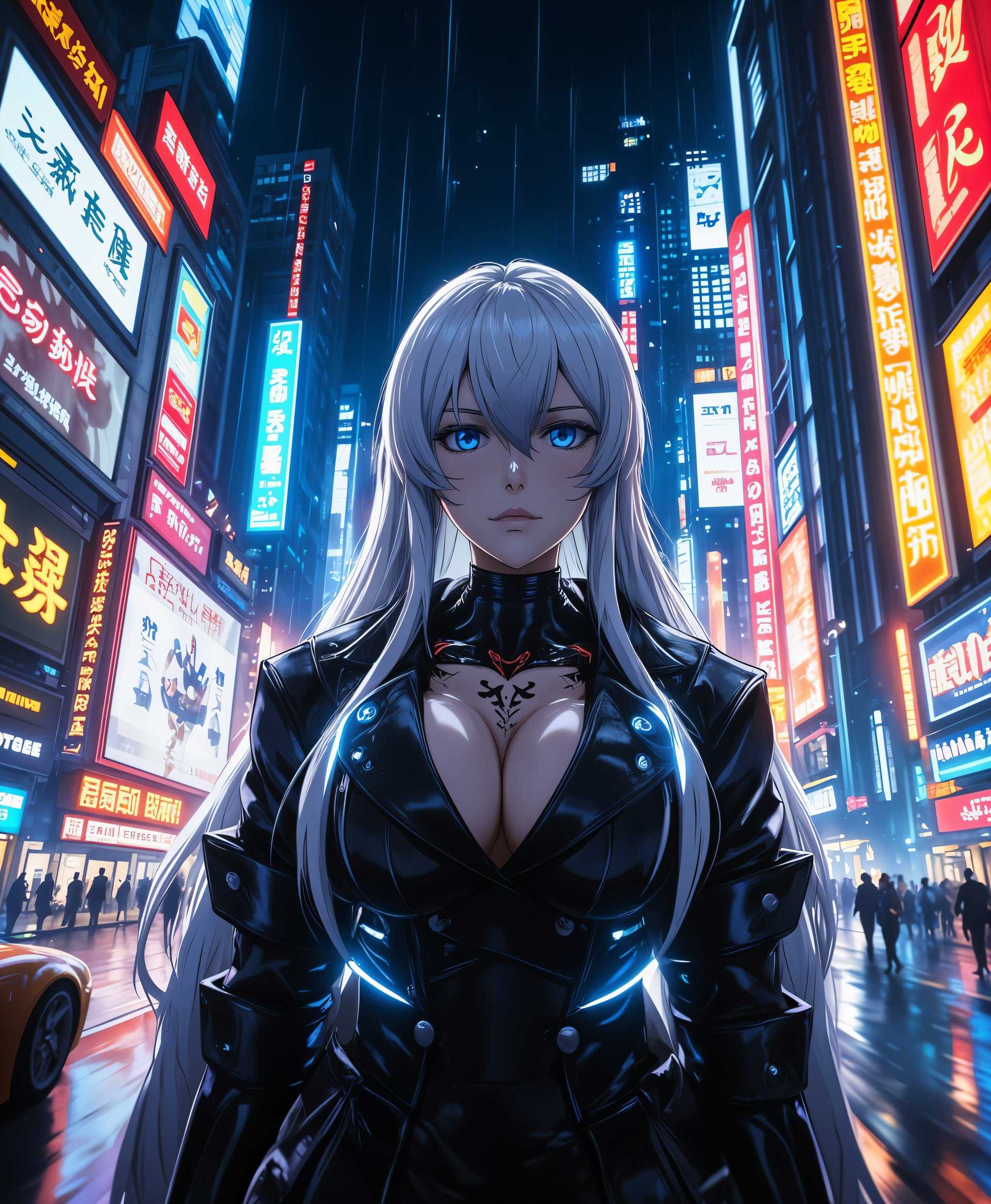 masterpiece, best quality, highres, sharp image, more detail <lora:more_details:0.5> <lora:SDXLrender_v2.0:1>, a photo of Esdeath, midjourney, A highly detailed, photorealistic image of **Esdeath** from the anime *Akame ga Kill*, seamlessly integrated into a vibrant **cyberpunk city** setting:

- **Visual Details**: Esdeath's icy blue eyes and flowing silver hair are highlighted, her iconic attire now augmented with cybernetic enhancements and neon-infused accessories. Her outfit reflects the harsh, futuristic fashion of the cyberpunk world, with LED lights tracing along her armor's edges. The city's skyline is a chaotic mix of towering skyscrapers, cluttered with holographic billboards, neon signs, and glowing advertisements in various languages and symbols.

- **Style**: Embodying **Cyberpunk Photography**, the image features high contrast, deep shadows, and vibrant light flares. Techniques like **HDR** and **Light Painting** are used to highlight the neon signs, creating an otherworldly glow against the dark cityscape.

- **Composition**: Esdeath stands at the center of the frame, her gaze piercing through the camera, as if she's about to step into action. The camera angle is low, looking up at her, emphasizing her dominance over the environment. The background features a dynamic cityscape with flying cars and drones, creating depth through **Forced Perspective**.

- **Mood and Atmosphere**: The scene is set at night with a heavy, oppressive atmosphere. Rain drizzles down, causing the neon lights to reflect off wet surfaces, enhancing the **Blade Runner**-esque feel. The mood conveys anticipation and tension, with Esdeath's presence adding a sense of impending conflict.

- **Technical Aspects**: Employ **Bokeh** to blur out the background, focusing on Esdeath, while still allowing the city's chaos to be felt. Use **Light Leaks** to give a sense of time passage, and **Motion Blur** for moving elements like cars and pedestrians, adding to the city's liveliness.

- **Cohesion**: The integration of Esdeath into this cyberpunk world should be seamless, with her character traits and the environment's aesthetics blending to create a believable, immersive scene. The neon glow should interact with her ice powers, creating a unique visual where cold meets neon warmth.