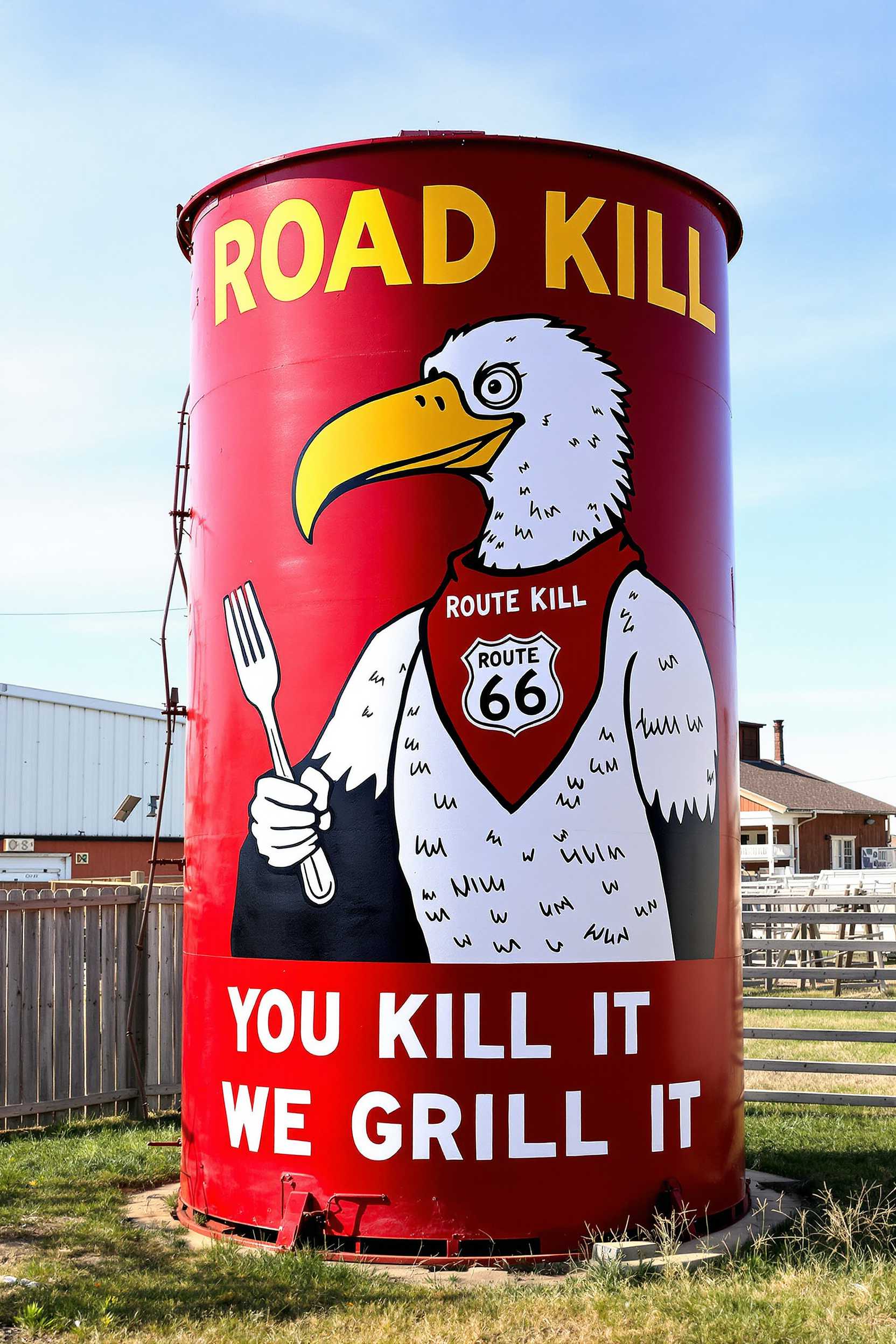 This image features a large cylindrical water tank painted with a bold and humorous advertisement. The tank is predominantly red with a contrasting white and black illustration that stands out against the red background.The illustration depicts a stylized bird, resembling a vulture or an eagle, with a large yellow beak and a white head. The bird is wearing a red bandana around its neck, which has a Route 66 shield design, indicating a nod to the famous American highway. The bird is holding a fork in its right talon and a knife in its left, ready to eat. The birds body is white, with black wings and tail, giving it a somewhat comical appearance.At the top of the tank, in bold yellow letters against the red background, is the phrase ROAD KILL. Below the bird, in a similar style, is the phrase YOU KILL IT WE GRILL IT, which is a playful take on the idea of serving roadkill as food. The text is designed to be eyecatching and is in a font that mimics the look of a vintage sign.The art style is reminiscent of midcentury American advertising, with a nod to the kitsch and humor often found in roadside attractions. The medium appears to be paint, as evidenced by the texture and brush strokes visible on the illustration. The colors are bright and vivid, with red, white, black, and yellow being the most prominent.In the background, there is a wooden fence and a building, with a clear sky above. The tank is situated outdoors, likely in a rural or semirural setting, given the open space around it. The tank is the focal point of the image, drawing attention with its bold message and whimsical illustration.