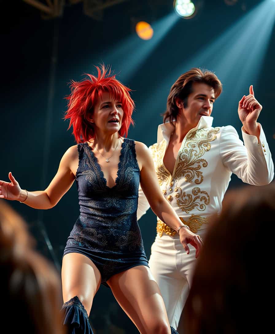 A dynamic scene capturing a **40-year-old woman with short, messy red hair** performing energetically alongside **Elvis Presley** on stage. 

**Visual Details:**
- The woman's hair is vibrant red, styled in a deliberately messy, yet stylishly unkempt manner, with strands flying around from her vigorous performance.
- Her attire is retro, echoing the era of Elvis, with a shimmering, sequined jumpsuit in a color that complements her hair, possibly a deep blue or emerald green.
- Elvis is in his iconic white jumpsuit with intricate, ornate designs in gold and silver.

**Style:**
- The image should reflect the **glamorous and energetic vibe of a 1970s concert**, with a slight modern twist in the woman's appearance to signify the time shift.
- The lighting should mimic stage lights, with dramatic spotlights highlighting the performers, casting long shadows and creating an electrifying atmosphere.

**Composition:**
- **Camera angle:** Captured from the audience's perspective, slightly below eye level to emphasize the performers' dominance on stage.
- **Subject positioning:** The woman and Elvis are slightly offset, with Elvis in the foreground and the woman slightly behind, suggesting she is his backup singer or a special guest.
- **Framing:** The frame should include the edges of the stage, with hints of the audience's silhouettes in the foreground to give context and depth.

**Mood and Atmosphere:**
- The atmosphere is **electric and vibrant**, with the air filled with excitement, as if the audience is in a state of rapture.
- The mood is set by the **lively performance**, with the woman's facial expression showing joy and intensity, her mouth open in song, perhaps with a hint of sweat on her brow, adding to the realism of the scene.

**Technical Aspects:**
- Use a **shallow depth of field** to focus on the performers, with the background slightly blurred to emphasize the stage lights and the audience.
- **Grainy film effect** or **soft focus** to evoke the feel of a vintage concert footage.

**Cohesion:**
- All elements work together to portray a **fantastical yet believable moment**, where the past meets the present in a visually stunning performance, capturing the essence of Elvis's charisma and the woman's unique presence.