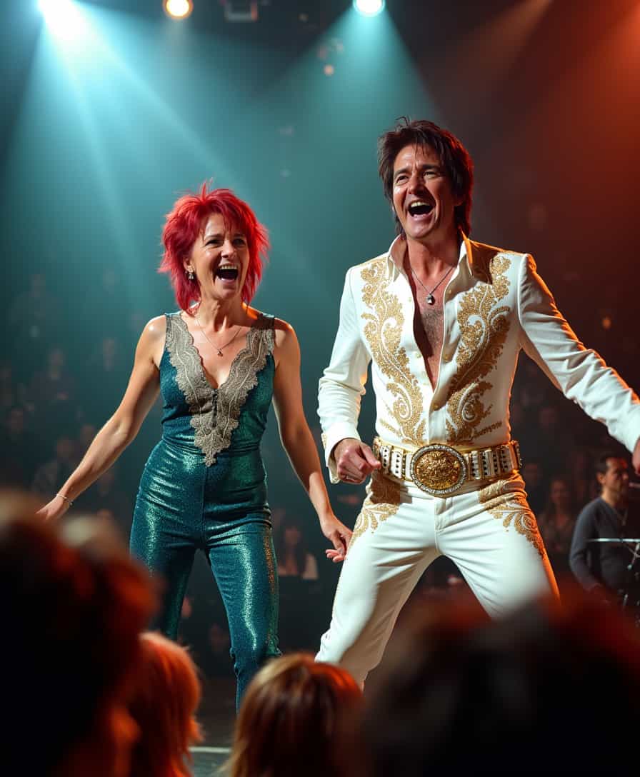 A dynamic scene capturing a **40-year-old woman with short, messy red hair** performing energetically alongside **Elvis Presley** on stage. 

**Visual Details:**
- The woman's hair is vibrant red, styled in a deliberately messy, yet stylishly unkempt manner, with strands flying around from her vigorous performance.
- Her attire is retro, echoing the era of Elvis, with a shimmering, sequined jumpsuit in a color that complements her hair, possibly a deep blue or emerald green.
- Elvis is in his iconic white jumpsuit with intricate, ornate designs in gold and silver.

**Style:**
- The image should reflect the **glamorous and energetic vibe of a 1970s concert**, with a slight modern twist in the woman's appearance to signify the time shift.
- The lighting should mimic stage lights, with dramatic spotlights highlighting the performers, casting long shadows and creating an electrifying atmosphere.

**Composition:**
- **Camera angle:** Captured from the audience's perspective, slightly below eye level to emphasize the performers' dominance on stage.
- **Subject positioning:** The woman and Elvis are slightly offset, with Elvis in the foreground and the woman slightly behind, suggesting she is his backup singer or a special guest.
- **Framing:** The frame should include the edges of the stage, with hints of the audience's silhouettes in the foreground to give context and depth.

**Mood and Atmosphere:**
- The atmosphere is **electric and vibrant**, with the air filled with excitement, as if the audience is in a state of rapture.
- The mood is set by the **lively performance**, with the woman's facial expression showing joy and intensity, her mouth open in song, perhaps with a hint of sweat on her brow, adding to the realism of the scene.

**Technical Aspects:**
- Use a **shallow depth of field** to focus on the performers, with the background slightly blurred to emphasize the stage lights and the audience.
- **Grainy film effect** or **soft focus** to evoke the feel of a vintage concert footage.

**Cohesion:**
- All elements work together to portray a **fantastical yet believable moment**, where the past meets the present in a visually stunning performance, capturing the essence of Elvis's charisma and the woman's unique presence.
