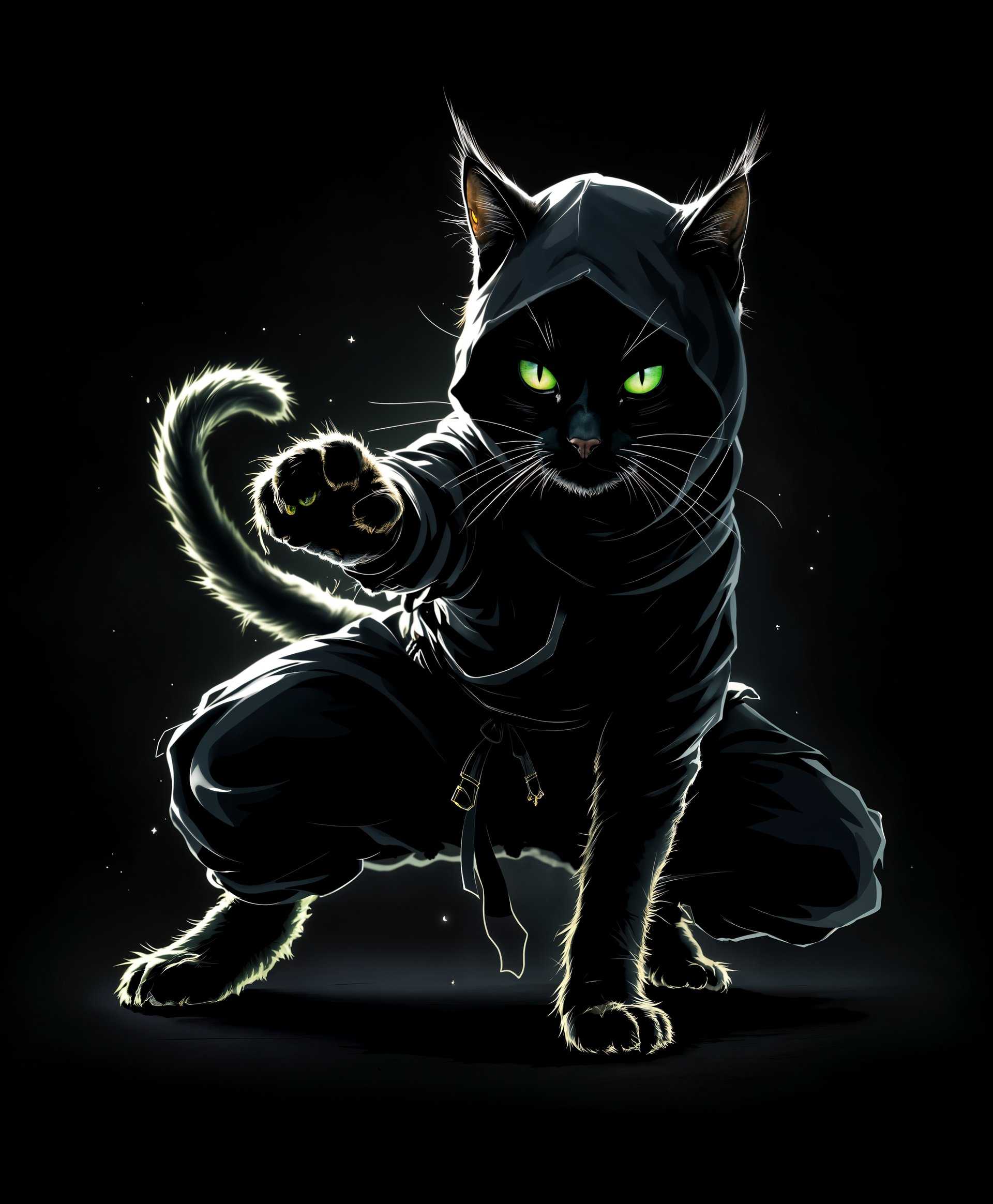 masterpiece, best quality, highres, sharp image, more detail, masterpiece, best quality, highres, sharp image, more detail, masterpiece, best quality, highres, sharp image, more detail, Create an image of a **Ninja Cat**, poised in an awe-inspiring stance:

- **Subject**: A sleek, black cat with piercing green eyes, adorned in a traditional ninja outfit, complete with a dark hood and mask, blending into the shadows.
  
- **Pose**: The cat is in mid-action, capturing its agility and grace, as if caught in the moment of a stealthy leap or an attack. Its body is low to the ground, muscles tensed, tail arched for balance, and one paw slightly lifted.

- **Style**: The image should evoke the essence of Japanese Ukiyo-e prints, with a touch of modern digital art to enhance the fluidity and dynamism of the cat's movement. Use line art to outline the ninja attire, giving it a slight ethereal glow against the darker background.

- **Lighting**: Employ a dramatic chiaroscuro effect, with stark contrasts between light and shadow, highlighting the cat's silhouette and emphasizing its mysterious aura.

- **Composition**: Position the cat slightly off-center, using the rule of thirds, with its gaze directed towards an unseen target, enhancing the tension. The background should be a blend of soft, blurred Japanese garden elements, suggesting a serene yet secretive setting.

- **Atmosphere**: Capture the essence of a moonlit night, with the soft glow of lanterns casting long shadows, creating an atmosphere of mystery, stealth, and the silent dance of a ninja in action.

- **Mood**: Convey a sense of anticipation and prowess, with the cat's expression exuding confidence and readiness for any challenge.

- **Technical Aspects**: Utilize soft focus on the background to ensure the ninja cat remains the focal point, with shallow depth of field. Implement a high dynamic range to capture the detailed textures of the ninja outfit and the cat's fur, enhancing the realism of the scene.