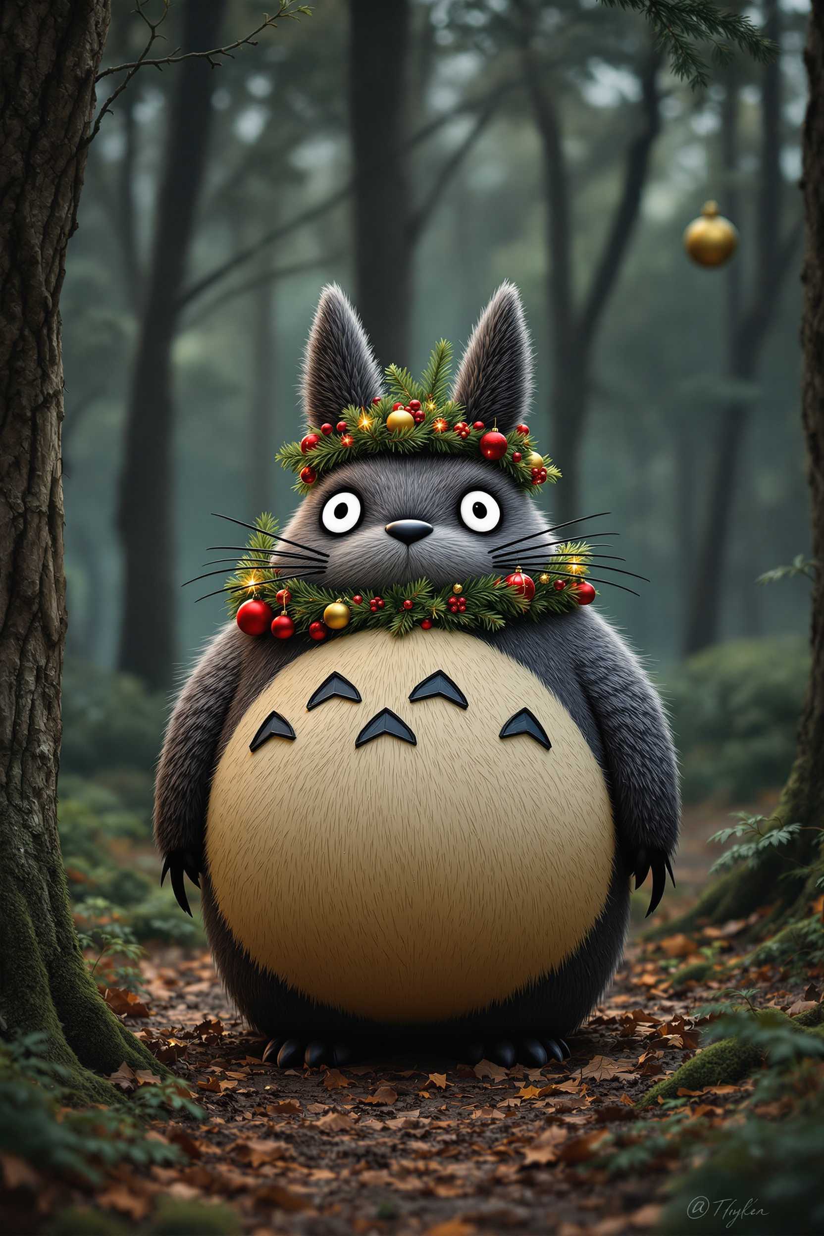 totoro, in the woods, decorated like a christmas tree
