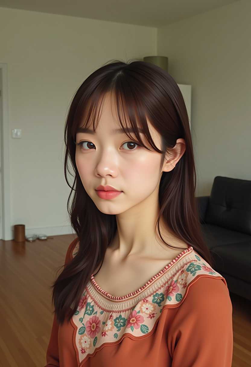 This image is a closeup portrait of a person, focusing on the upper torso and shoulders. The subject is wearing a rustcolored top with a floral pattern on the shoulder and neckline. The floral design features shades of pink, white, and hints of green, creating a soft and delicate aesthetic.The subjects hair is styled in a casual manner, with strands loosely framing the face and neck. The hair color appears to be a rich, dark brown with a natural sheen, suggesting it might be wellmaintained and healthy.The background of the image is a neutral, nondescript room with light walls and a wooden floor. There is a faint shadow cast on the wall behind the subject, likely from a light source to the left, which adds depth to the composition. The room is minimally furnished, with a darkcolored couch visible in the background, and a small, indistinct object on the floor to the left, which is not clearly identifiable.The lighting in the image is soft and diffused, with no harsh shadows, contributing to a warm and inviting ambiance. The overall art style of the image is realistic, capturing the textures and details of the subject and their clothing with clarity.The medium appears to be a digital photograph, given the sharpness and clarity of the image, as well as the even lighting and lack of graininess or distortion that might be present in a lowerresolution medium. The colors in the image are natural and muted, with a focus on earthy tones that complement the subjects attire.