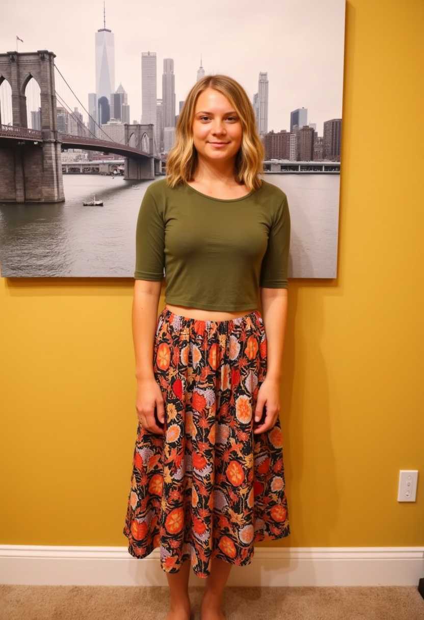 This image features a person standing in front of a wall with a monochromatic cityscape painting. The painting depicts a bridge over a body of water, with buildings in the background, suggesting an urban setting. The wall is a warm, mustard yellow, providing a contrast to the cool tones of the painting.The person is wearing a fitted olive green crop top with short sleeves and a scoop neckline. The crop top fits snugly around the torso, emphasizing the midriff. The person is also wearing a flowing skirt that falls to midcalf length. The skirt is patterned with a mix of floral and geometric shapes in a warm color palette of red, orange, black, and white. The skirt has a gathered waist with a drawstring, giving it a loose and airy fit.The persons hair is styled in soft waves, cascading down their shoulders and back. The hair color is a light blonde with hints of golden tones.The carpet on the floor is a neutral beige, complementing the warm tones of the wall and the skirt