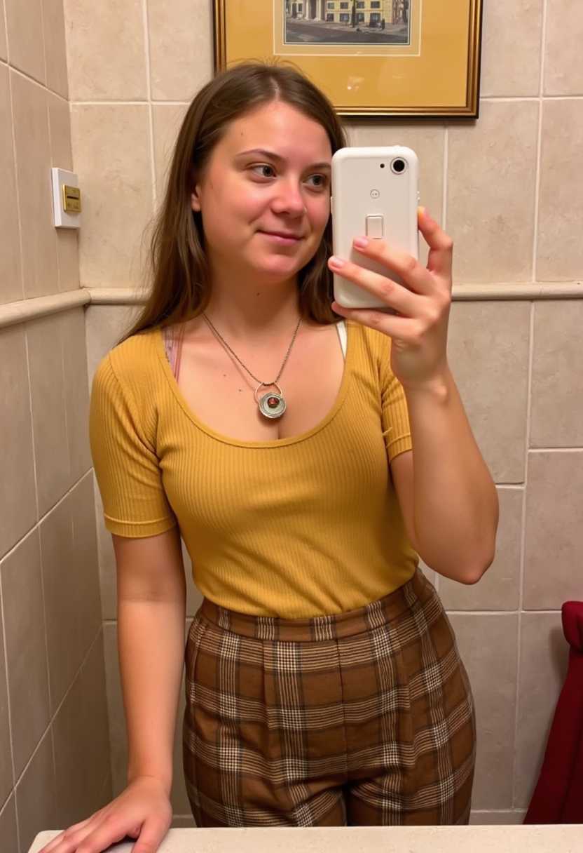 The image shows a person taking a selfie in a room with tiled walls. The person is wearing a mustard yellow, ribbed, scoopneck top with short sleeves. They are also wearing a plaid skirt with a brown and beige pattern. Around their neck is a pendant necklace with a white and gold design.In the background, there is a white switch plate on the wall, and a small, clear plastic item, possibly a bottle cap, is hanging from the switch plate. There is a visible part of a red object, which seems to be a chair or a cushion, against the wall. On the wall, there is a framed picture with a yellow background and a building depicted in the center. The room has a warm, domestic feel.
