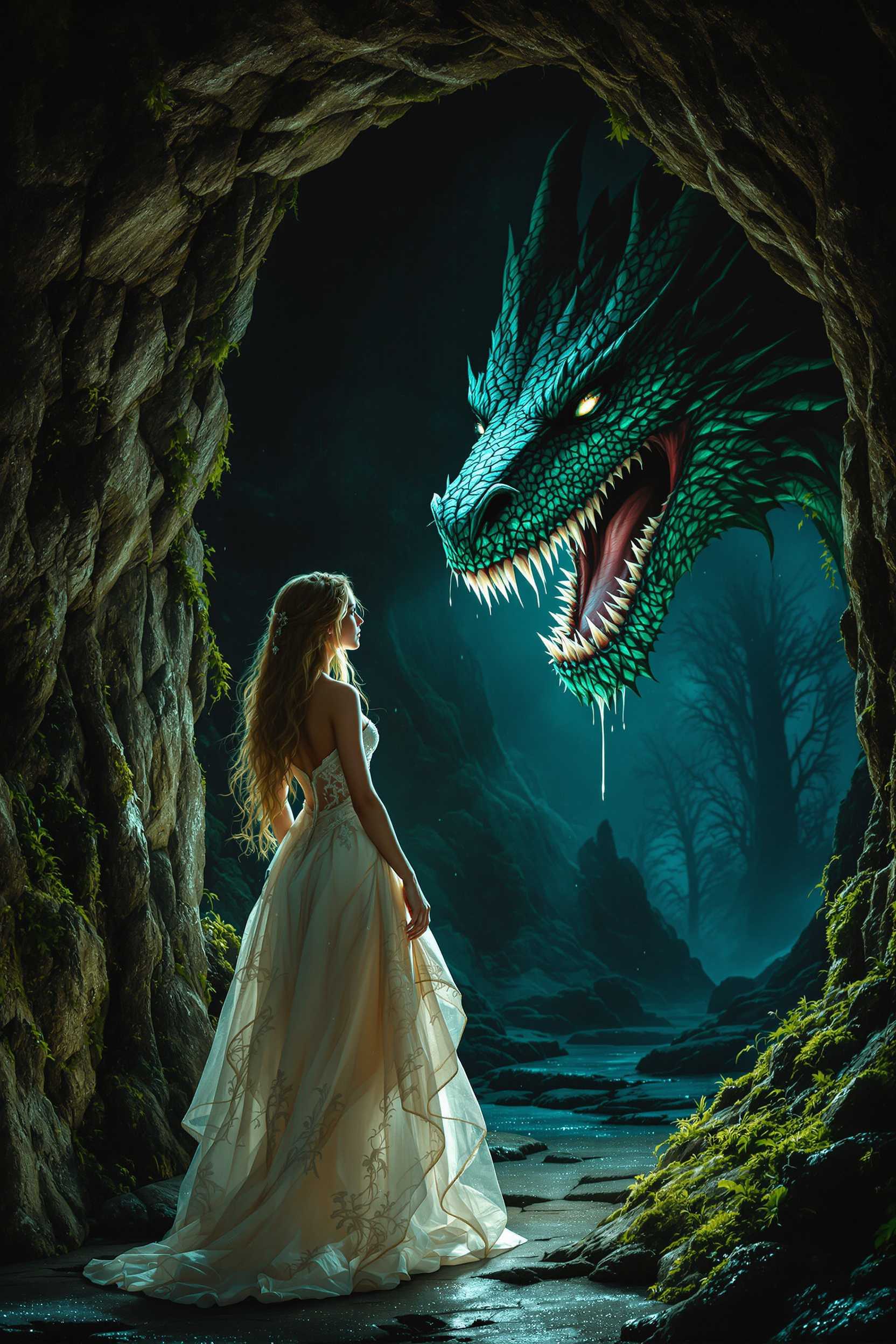 A fairytale princess, dressed in a delicate, translucent nightgown made of gossamer and adorned with fine lace, stands chained to a rugged wooden post just outside the entrance of an ancient, moss-covered cave. Her radiant, golden hair cascades down her back, and her eyes glimmer with both fear and defiance. Emerging from the shadowy depths of the cave, a massive dragon's head looms into view, its scales shimmering with emerald and obsidian hues. The dragon's maw is open wide, revealing sharp, gleaming fangs from which viscous strands of saliva hang, catching the faint moonlight. The scene is bathed in eerie, bluish moonlight, casting long shadows and highlighting the damp, rocky texture of the cave entrance. In the background, a dense, enchanted forest drenched in the silvery mist of night frames the image. The atmosphere is tense and mystical, with an otherworldly glow permeating the air, suggesting an impending clash between beauty and beast. The composition captures the princess in the foreground, slightly to the left, with the dragon's imposing head on the right, creating a striking juxtaposition. The angle is slightly low, enhancing the dragon's menacing presence and the princess's fragile yet resolute stance