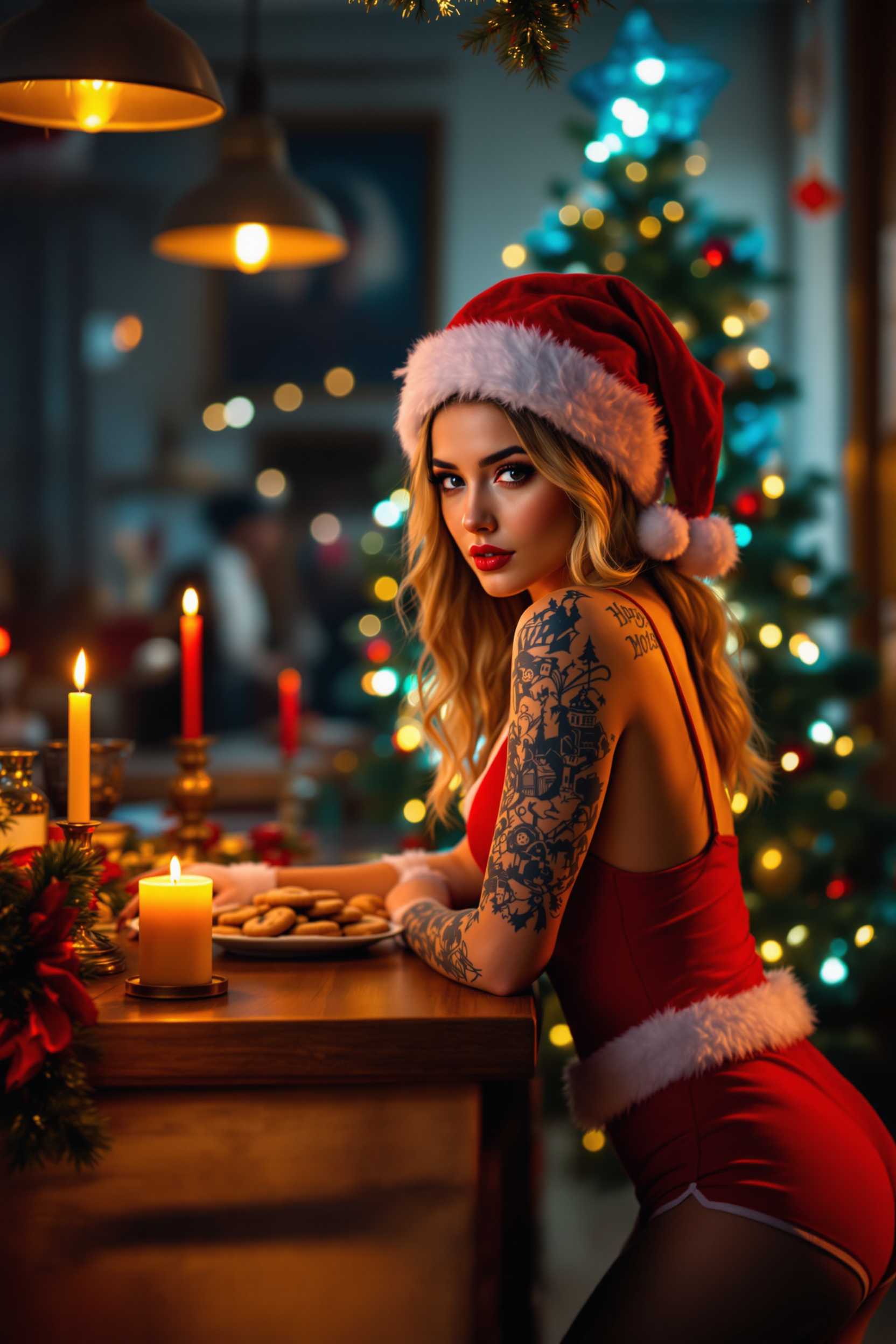 This image is a highresolution photograph that captures a festive indoor scene during Christmas time. The art style is contemporary, with a focus on vibrant colors and dynamic lighting that creates a warm and inviting atmosphere. The medium is digital photography, evident from the sharpness and clarity of the image.The colors in the image are rich and varied, with a predominance of reds and golds that evoke the holiday spirit. The reds of the Santa hat, the womans outfit, and the candle create a bold contrast against the darker tones of the room and the green of the Christmas tree. The golds of the lights and the candle add a touch of luxury and celebration. The blues and browns in the background and the womans tattoos introduce a sense of depth and complexity.The objects in the image are numerous and contribute to the holiday theme. In the foreground, the woman is wearing a Santa hat and a matching red outfit with white trim, which is a nod to the Christmas season. Her tattoos are prominently displayed on her back, arms, and legs, adding a personal touch to her festive attire. She is leaning on a wooden counter, which has a lit candle on it, contributing to the warm ambiance. The counter also holds a plate of cookies, which is a common Christmas treat. In the background, there is a Christmas tree adorned with lights and ornaments, which is a traditional symbol of the holiday. The tree is partially obscured by a blurred figure, which adds a sense of mystery to the scene. The room is lit by warm, yellowish light from the candles and overhead lamps, which casts a cozy glow and highlights the textures of the surfaces and the womans skin. The overall composition of the image is balanced, with the woman positioned centrally and the objects arranged symmetrically around her.