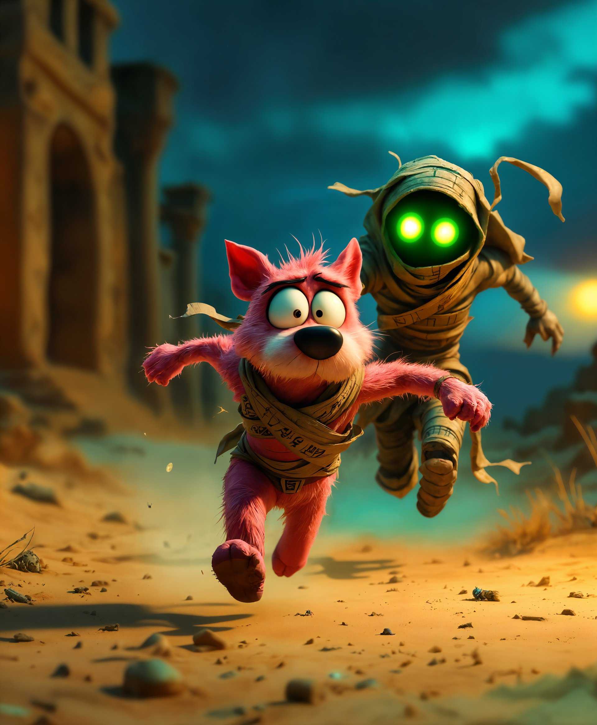 masterpiece, best quality, highres, sharp image, more detail, masterpiece, best quality, highres, sharp image, more detail, Create an image capturing the essence of "Courage the Cowardly Dog" in a moment of high-stakes panic, fleeing from an ancient Egyptian mummy:

**Subject:** 
- Courage the Cowardly Dog, depicted with his iconic pink fur, large eyes filled with fear, and a signature worried expression, sprinting with all his might.

**Antagonist:** 
- An undead mummy, wrapped in tattered, dusty bandages with hieroglyphics visible, its eyes glowing with an eerie, green light, exuding a menacing aura.

**Environment:**
- A dimly lit, sandy desert with ancient ruins in the background, casting long, ominous shadows. The setting sun casts a warm, contrasting glow against the cool, blue hues of the approaching night.

**Action:**
- Courage is caught mid-stride, his limbs flailing in a comedic yet desperate escape, looking back with eyes wide open in terror. The mummy is depicted in a slow, relentless pursuit, with its arms outstretched as if to grasp Courage, its bandages unwrapping slightly from the motion.

**Composition:** 
- Utilize a dynamic diagonal composition, with Courage fleeing towards the top right corner, creating a sense of urgency and escape. The mummy should dominate the lower left, creating a visual tension between the two.

**Lighting:**
- Use dramatic chiaroscuro to enhance the contrast between the characters and the environment. The setting sun should cast dramatic shadows, making Courage's escape path appear perilous and unpredictable.

**Artistic Style:**
- Emulate a blend of cartoonish exaggeration from the original TV series with elements of horror cinema, reminiscent of Hammer Horror films. Include a touch of surrealism to heighten the dream-like quality of the chase.

**Mood:**
- Convey a blend of humor, fear, and the supernatural, creating an atmosphere of both comedic panic and eerie suspense. The scene should feel like a snapshot from a classic horror adventure.

**Technical Aspects:**
- Utilize motion blur to emphasize Courage's speed, while the mummy's movement is slow and deliberate. Incorporate depth of field to blur the background ruins, focusing the viewer's attention on the interaction between Courage and the mummy.

**Visual Details:**
- Include small, eerie details like beetles crawling from the mummy's bandages, and sand swirling around their feet from the chase. Courage's collar should be in vibrant pink, standing out against the muted desert tones.