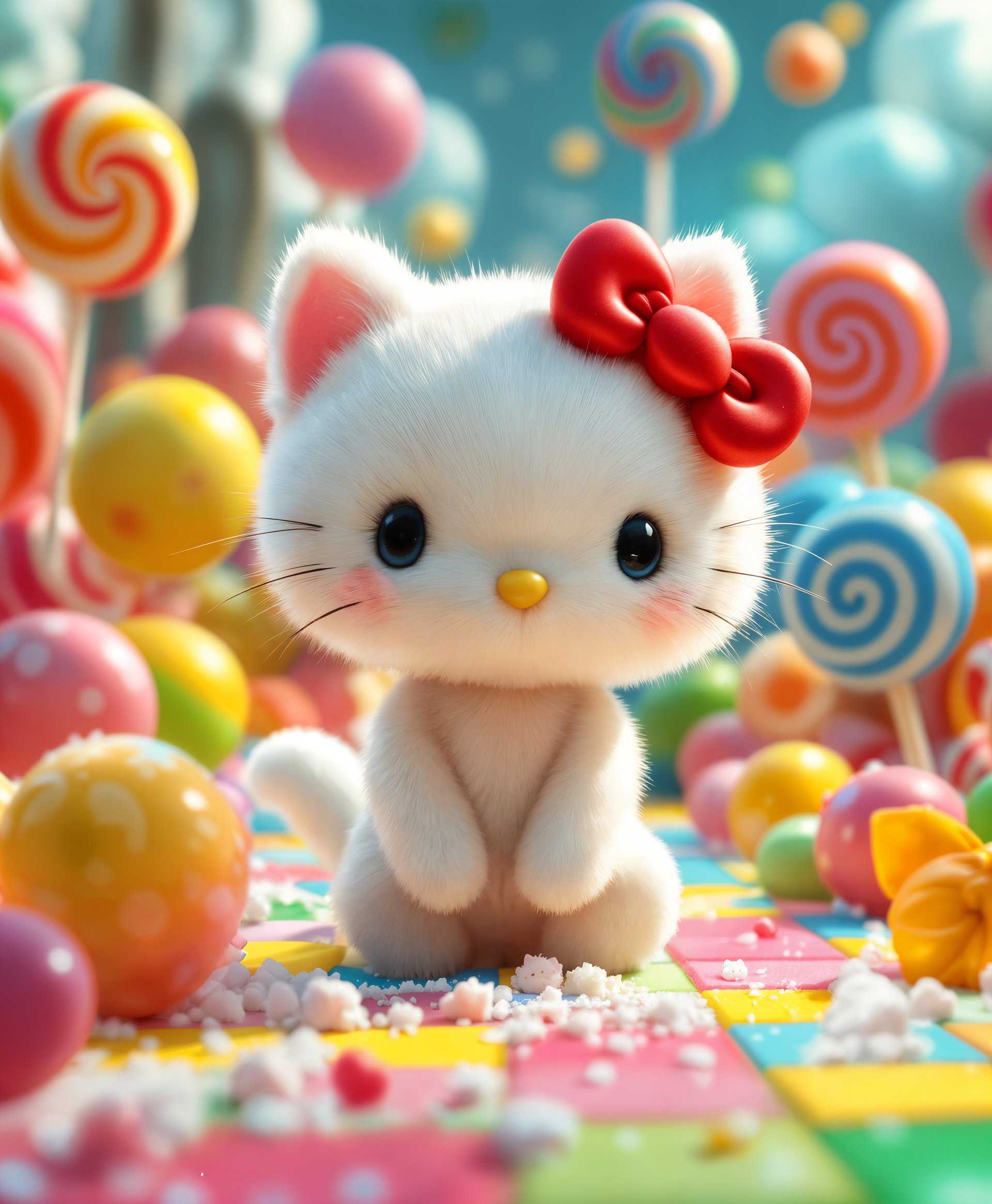 masterpiece, best quality, highres, sharp image, more detail, masterpiece, best quality, highres, sharp image, more detail, **Subject**: Hello Kitty, anthropomorphic cat character with a red bow, white fur, and a cheerful expression.

**Setting**: 
- Candy Land, a whimsical, fantastical landscape filled with oversized, vibrant candies, lollipops, and gumdrops. 
- The ground is made of colorful, checkered patterns reminiscent of candy wrappers.

**Visual Details**:
- **Textures**: Smooth, glossy surfaces of candies, the fluffy, soft look of Hello Kitty's fur, and the reflective quality of sugar crystals.
- **Colors**: Bright, saturated hues like bubblegum pink, lemon yellow, lime green, and blue raspberry blue. Hello Kitty's iconic red bow stands out against this backdrop.
- **Lighting**: Soft, diffused light with a slight backlight to enhance the candy's translucency and give depth to the scene.

**Artistic Style**:
- A blend of cartoonish charm with a touch of surrealism, reminiscent of the whimsical art style found in children's books or candy advertisements from the mid-20th century.

**Composition**: 
- Hello Kitty is centrally positioned, standing on a giant, striped candy cane, her feet slightly apart, waving with one paw. 
- The camera angle is slightly low, looking up at Hello Kitty, emphasizing her dominance in the candy landscape.
- Framing includes close-up views of various candies surrounding her, creating a border that frames the scene.

**Mood and Atmosphere**: 
- Cheerful and inviting, with a sense of wonder and excitement. The atmosphere is filled with the sweet scent of candy, and the mood is upbeat with a touch of nostalgic fun.

**Technical Aspects**: 
- **Lens**: Wide-angle lens to capture the expansive, fantastical candy landscape, slightly distorting the perspective to enhance the whimsical effect.
- **Focus**: Sharp focus on Hello Kitty, with a slight bokeh effect on the candies in the background to separate her from the environment.

**Cohesion**: 
- The vibrant, candy-themed colors and textures, combined with the surreal yet familiar elements of Candy Land, create a cohesive, joyful scene where Hello Kitty feels at home, as if she's the queen of this sugary realm.
