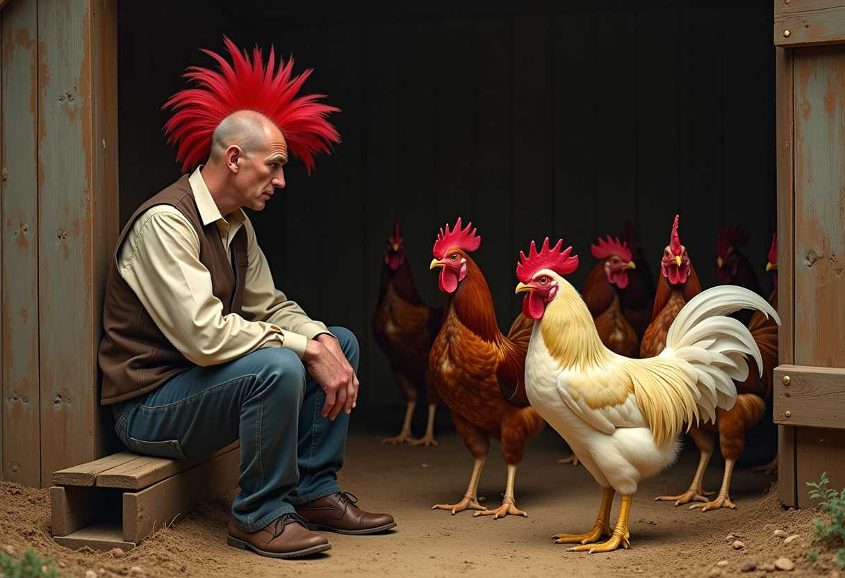 A realistic, detailed and funny scene: a man with a bright red mohawk sits on a board in a chicken coop. He stares at the other roosters. The red comb of the roosters resembles the man's red mohawk.