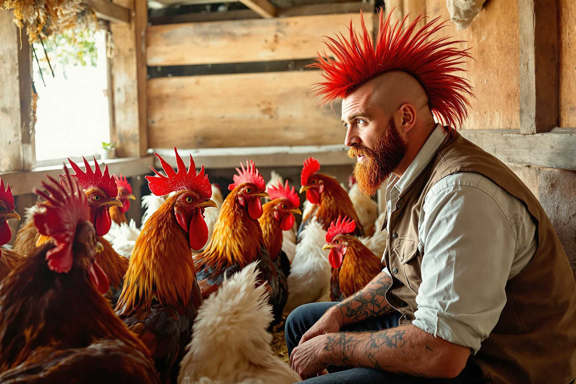 A realistic, detailed and funny scene: a man with a bright red mohawk sits on a board in a chicken coop. He stares at the other roosters. The red comb of the roosters resembles the man's red mohawk.