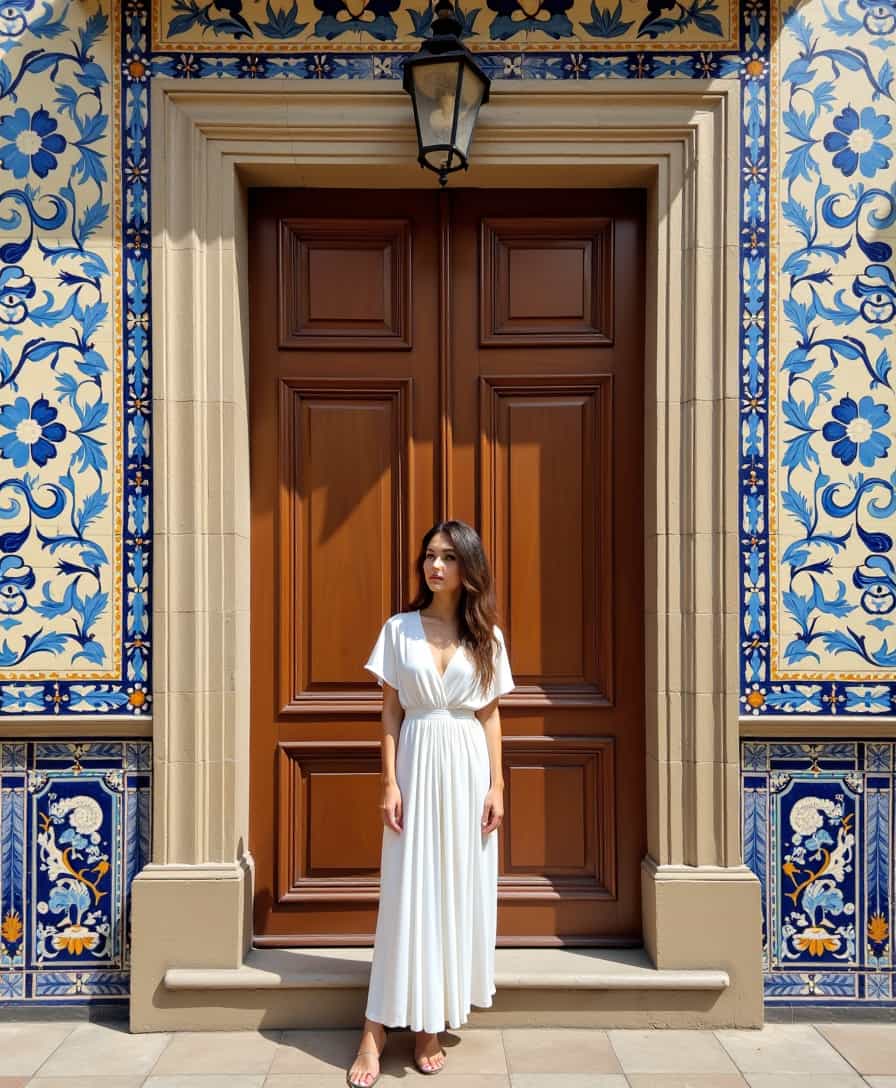 a beautiful woman standing in front of a Portuguese door surrounded by Azulejos