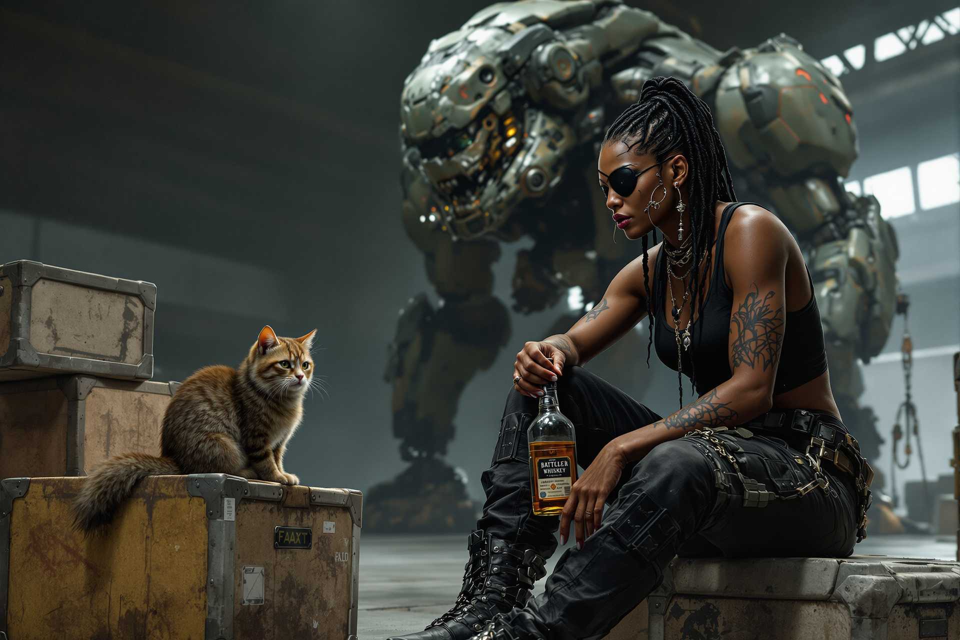 An athletic fit grim thin faced dark-skinned African woman with facial lacerations, imperfections, eyepatch, black cornrows, tattoos, piercings dressed in black tank top, weathered black leather pants, and work boots, holding a bottle of whiskey, sitting on futuristic cargo boxes, talking to a cat with cybernetic face implants, in a dimly lit hangar setting with a huge battered battlemech in the background in a scifi art painting style