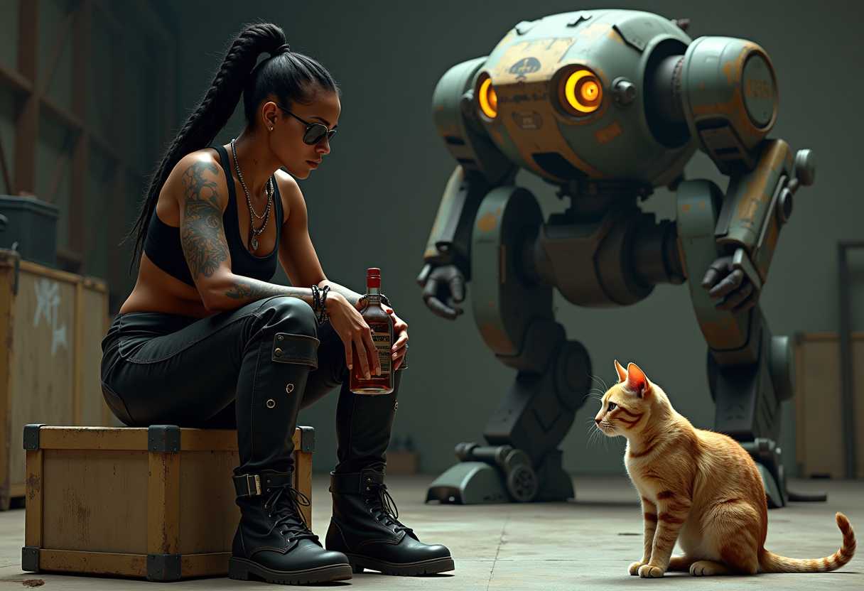 An athletic fit grim thin faced dark-skinned African woman with facial lacerations, imperfections, eyepatch, black cornrows, tattoos, piercings dressed in black tank top, weathered black leather pants, and work boots, holding a bottle of whiskey, sitting on futuristic cargo boxes, talking to a cat with cybernetic face implants, in a dimly lit hangar setting with a huge battered battlemech in the background in a scifi art painting style