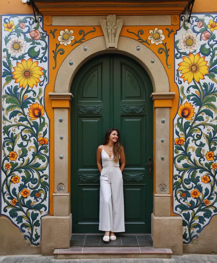 a beautiful woman standing in front of a Portuguese door surrounded by Azulejos