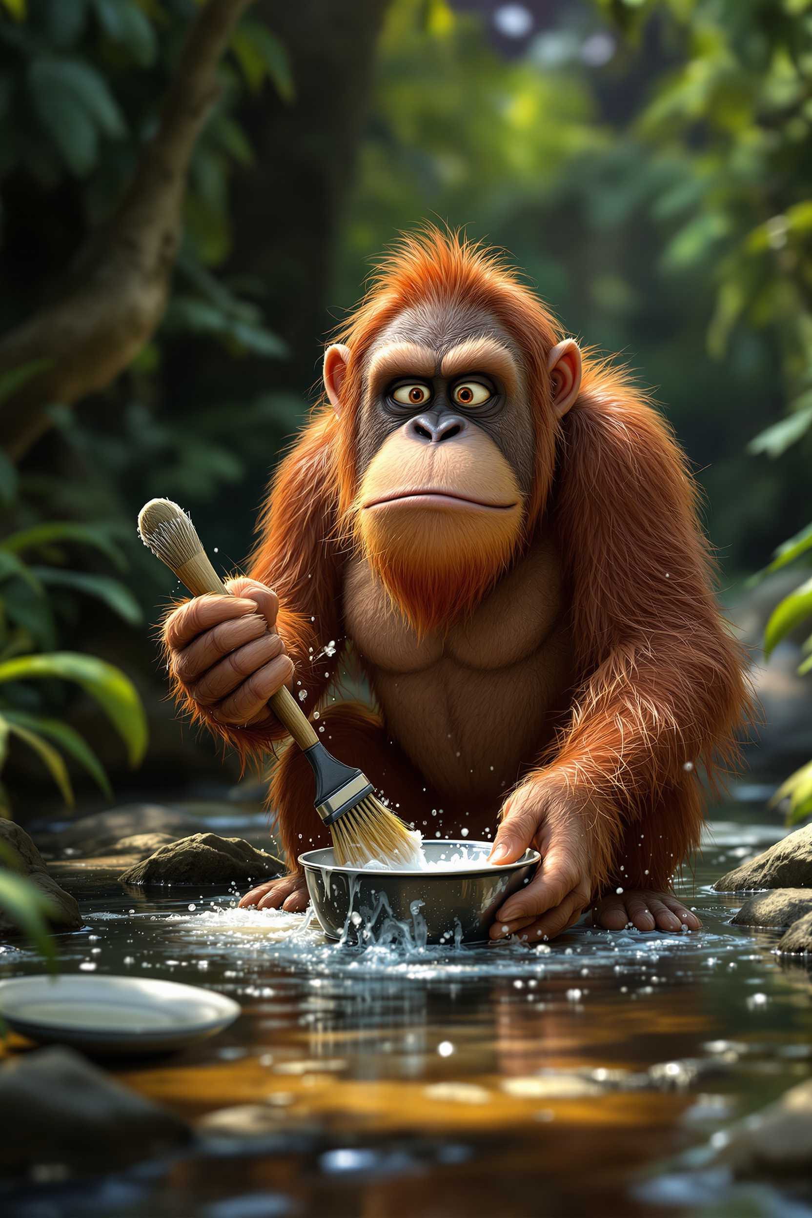 Generate me a humorous Pixar Movie image of a displeased-looking orangutan mother, who does the dishes from plates and pans by holding a dishbrush, in a stream, with soapy water. Jungle decor, with some dirty pans and plates on the edge of the creek.