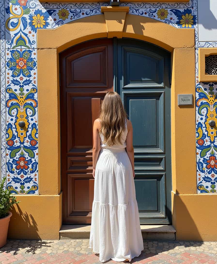 TOKALEMAP, a beautiful woman standing in front of a Portuguese door surrounded by Azulejos