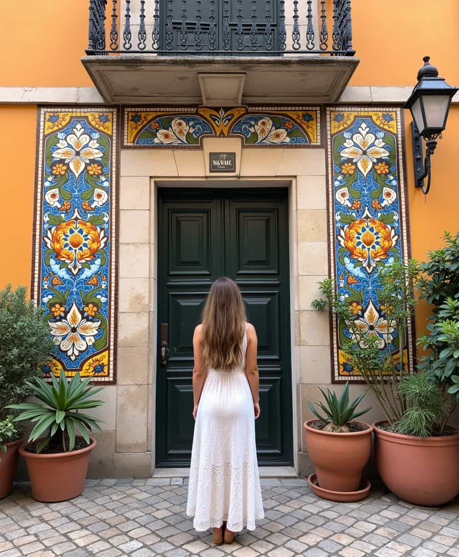 TOKALEMAP, a beautiful woman standing in front of a Portuguese door surrounded by Azulejos