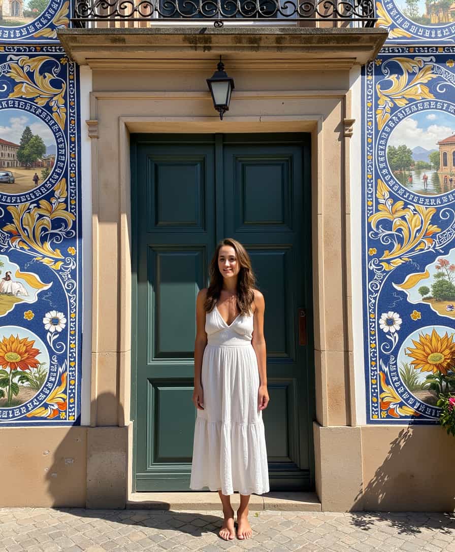 TOKALEMAP, a beautiful woman standing in front of a Portuguese door surrounded by Azulejos