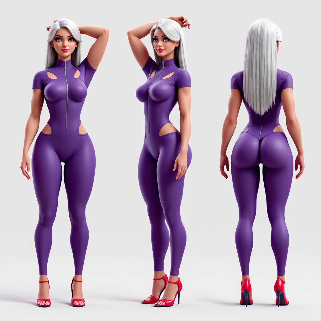 The image presents a 3D rendered female figure from three different angles front, side, and back. Here are the visual elements present in each angleFront Angle The figure is wearing a purple, formfitting bodysuit with a high neckline and short sleeves. The bodysuit has a zipper down the center front. The figure has long, straight, silver hair. She is wearing red opentoed high heels. The figure has a muscular build, with a particularly pronounced buttock muscle. The skin texture appears to be realistic, with subtle variations in tone and shadowing.Side Angle The figures left arm is raised behind her head, with her hand clasping the other hand. The bodysuit has a cutout detail on the left shoulder and upper arm. The figures right arm is bent at the elbow, with the hand resting on her hip. The figures left leg is slightly bent at the knee. The high heels are visible from this angle, showing the straps and heels.Back Angle The figures right arm is raised behind her head, with her hand clasping the other hand. The bodysuit has a cutout detail on the right shoulder and upper arm. The figures left arm is bent at the elbow, with the hand resting on her hip. The figures right leg is slightly bent at the knee. The high heels are visible from this angle, showing the straps and heels.Common Visual Elements Across All Angles The figures skin tone and texture are consistent across all angles. The figures hair is the same length and color in all angles. The figures posture is consistent across all angles, with arms raised behind her head and legs slightly bent at the knees. The red high heels are visible in all angles, with the straps and heels clearly visible.Additional Elements The figures eyes are not visible in any of the angles.Overall, the image emphasizes the figures muscular build and the sleek design of the red bodysuit, with attention to the details of the clothing and the figures posture.