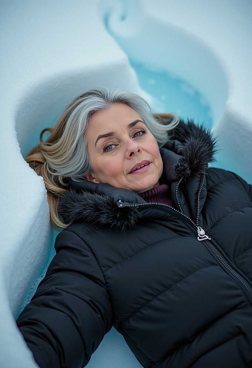 attractive old woman lying in ice