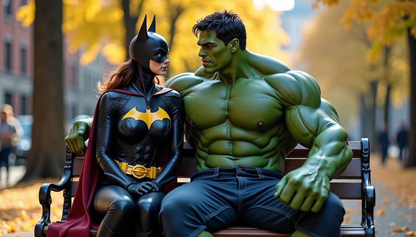 Batgirl sits on "Hulks" lap on a bench in a park in NewYork city,as they talk.