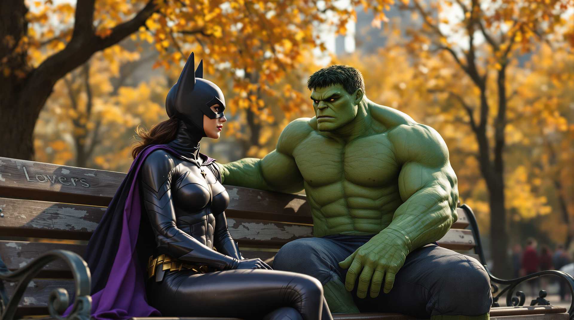 A cinematic scene set in Central Park, New York City, where **Batgirl** and **Hulk** are engaged in a deep conversation on a weathered wooden park bench. 

**Visual Details:**
- **Batgirl** is in her iconic purple and black costume, her cape flowing gently with a breeze, her cowl slightly raised, showcasing her determined expression. Her utility belt is meticulously detailed, reflecting the afternoon sunlight.
- **Hulk** is portrayed in a more subdued green, his massive frame contrasting with the delicate park environment, his facial expressions showing a surprising gentleness. His muscles are defined but not overly exaggerated, suggesting a moment of calm.
- The park bench shows signs of age, with peeling paint and carvings of lovers' initials etched into the wood.

**Style:**
- Capture the scene in a **graphic novel style**, with sharp lines and vibrant colors, reminiscent of the comic book aesthetics but with a touch of realism.

**Composition:**
- The bench is at a slight angle, positioned to take advantage of the park's depth. The camera angle is low, looking up slightly to emphasize the Hulk's towering presence, while Batgirl is seated in a way that makes her seem more approachable, almost at eye level with the viewer.
- Trees with autumn leaves in shades of gold and red frame the scene, providing a natural backdrop.

**Mood and Atmosphere:**
- It's late afternoon, with the sun casting long shadows, creating a warm, inviting glow. The atmosphere is serene, with the distant sounds of the city barely audible, emphasizing the intimacy of the conversation.

**Technical Aspects:**
- Use a **shallow depth of field** to focus on the characters while softening the background, creating a cinematic feel.
- Apply **soft lighting** to enhance the warmth and tranquility of the scene, with highlights on Batgirl's costume and the Hulk's skin to give them a lifelike texture.

**Cohesion:**
- The scene is a blend of superhero fantasy with the everyday life of New York City, where the extraordinary meets the ordinary in a moment of quiet dialogue, showcasing a unique juxtaposition of strength and vulnerability.