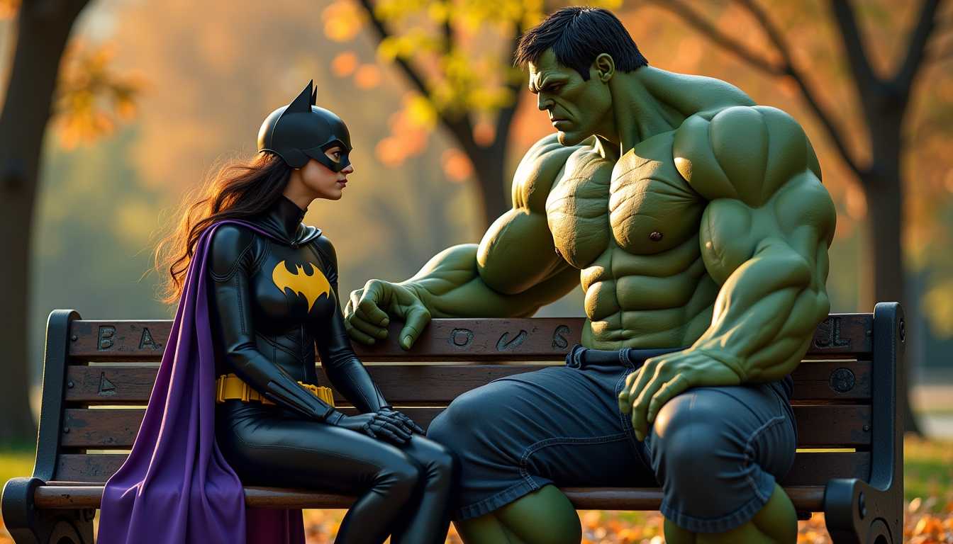 A cinematic scene set in Central Park, New York City, where **Batgirl** and **Hulk** are engaged in a deep conversation on a weathered wooden park bench. 

**Visual Details:**
- **Batgirl** is in her iconic purple and black costume, her cape flowing gently with a breeze, her cowl slightly raised, showcasing her determined expression. Her utility belt is meticulously detailed, reflecting the afternoon sunlight.
- **Hulk** is portrayed in a more subdued green, his massive frame contrasting with the delicate park environment, his facial expressions showing a surprising gentleness. His muscles are defined but not overly exaggerated, suggesting a moment of calm.
- The park bench shows signs of age, with peeling paint and carvings of lovers' initials etched into the wood.

**Style:**
- Capture the scene in a **graphic novel style**, with sharp lines and vibrant colors, reminiscent of the comic book aesthetics but with a touch of realism.

**Composition:**
- The bench is at a slight angle, positioned to take advantage of the park's depth. The camera angle is low, looking up slightly to emphasize the Hulk's towering presence, while Batgirl is seated in a way that makes her seem more approachable, almost at eye level with the viewer.
- Trees with autumn leaves in shades of gold and red frame the scene, providing a natural backdrop.

**Mood and Atmosphere:**
- It's late afternoon, with the sun casting long shadows, creating a warm, inviting glow. The atmosphere is serene, with the distant sounds of the city barely audible, emphasizing the intimacy of the conversation.

**Technical Aspects:**
- Use a **shallow depth of field** to focus on the characters while softening the background, creating a cinematic feel.
- Apply **soft lighting** to enhance the warmth and tranquility of the scene, with highlights on Batgirl's costume and the Hulk's skin to give them a lifelike texture.

**Cohesion:**
- The scene is a blend of superhero fantasy with the everyday life of New York City, where the extraordinary meets the ordinary in a moment of quiet dialogue, showcasing a unique juxtaposition of strength and vulnerability.