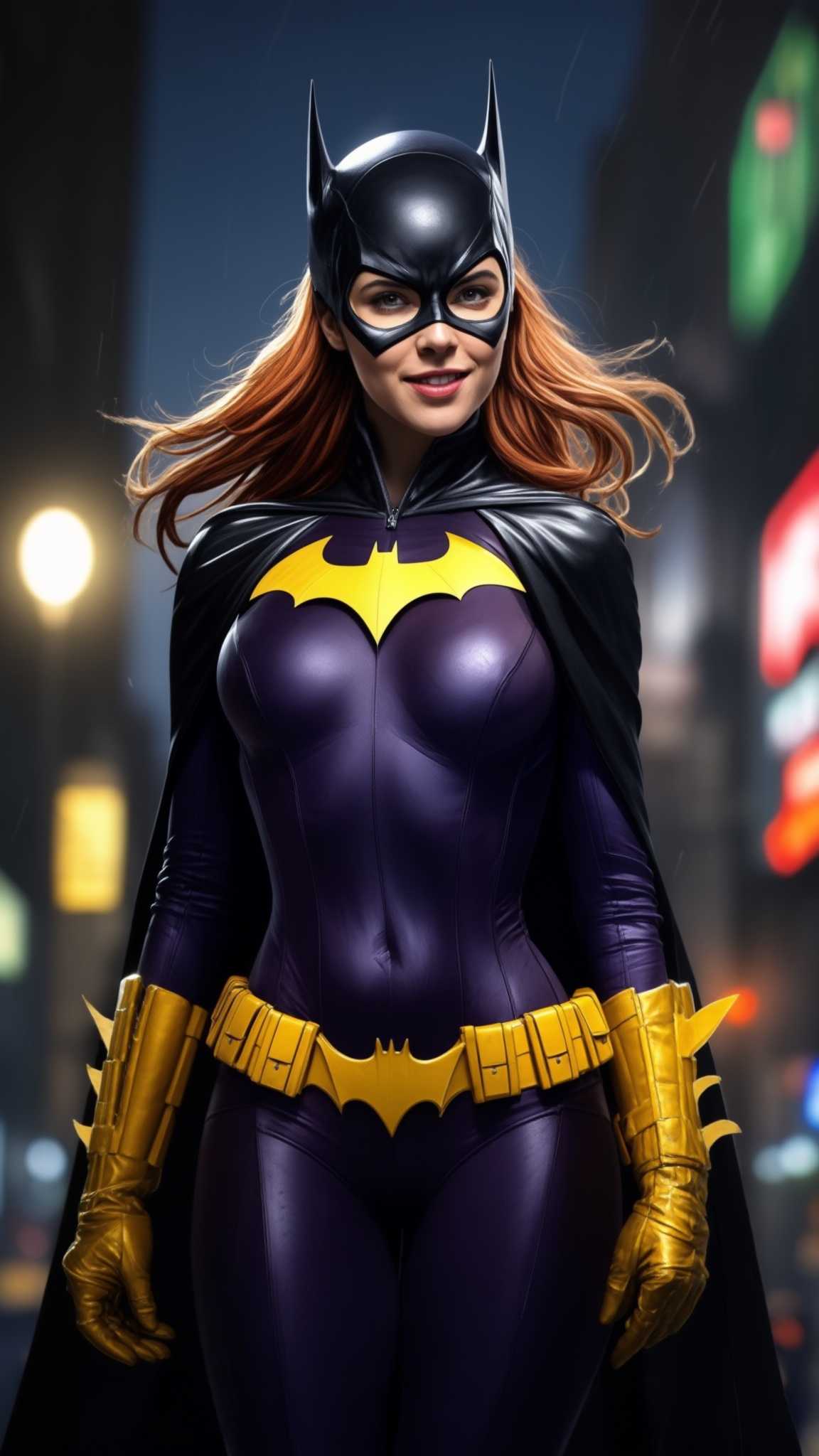 Create a dynamic image of **Batgirl** in a **comic book style**, capturing her in a **heroic pose** for the camera:

- **Visual Details:** Batgirl is depicted in her iconic purple and gold costume, with a **yellow utility belt** and black **cape**. Her **bat-symbol** is prominently displayed on her chest. Her **hair** is **flowing**, adding a sense of motion, and her **mask** covers her eyes but leaves her mouth visible for a confident smile.

- **Style:** The image should evoke the **bold, vibrant colors** and **dynamic lines** characteristic of **comic book art** from the Golden Age, with exaggerated expressions and poses.

- **Composition:** Batgirl is **front and center**, filling the frame, with her body slightly turned to showcase her silhouette. The camera angle is **slightly low**, looking up to make her appear more imposing. Her **left hand** is on her hip, while her **right arm** extends towards the camera in a welcoming gesture.

- **Mood and Atmosphere:** The scene is set in **Gotham City at night**, with the **Bat-Signal** subtly visible in the sky behind her, creating a **mysterious and dramatic atmosphere**. Streetlights cast **long shadows** and **neon signs** in the background add **colorful reflections** on her costume.

- **Technical Aspects:** Utilize **chiaroscuro lighting** to enhance the contrast between light and shadow, emphasizing the **textures** of her costume. Employ **motion blur** on her hair and cape to suggest movement, and **depth of field** to blur the background, focusing attention on Batgirl.

- **Cohesion:** The image combines elements of **superhero iconography**, **urban noir**, and **vibrant comic book aesthetics** to create a scene that feels both **authentic to the character** and **visually engaging** for the viewer.