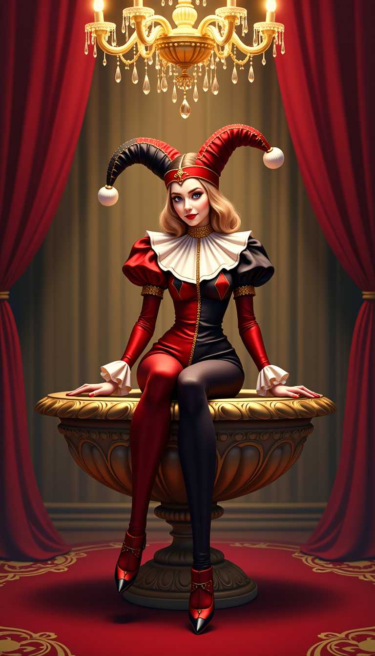 This image is a stylized and vibrant portrayal of a woman dressed in a costume that evokes the aesthetic of a harlequin or court jester. The character is seated on a large, ornate pedestal bowl, which is intricately designed with swirling patterns and embellishments, suggesting a sense of luxury and opulence. The pedestal bowl is placed on a rich red carpet, which complements the overall warm and dramatic ambiance of the setting.The characters costume is a mix of red, black, and white, with gold and red detailing that adds to the richness of the ensemble. The costume includes a bodice with a high neckline and long sleeves, both adorned with a diamond shaped pattern in red and black, and a white ruffled collar. The sleeves are puffed at the shoulders, adding volume and a playful touch to the outfit. The character also wears a matching hat with a feather, which adds a touch of whimsy and elegance.The setting is further embellished by a grand chandelier hanging from the ceiling, which is richly decorated with crystals and emits a warm, golden light. The chandelier casts a soft glow on the scene, highlighting the textures and colors of the costume and the pedestal bowl. The background is draped with luxurious red velvet curtains, which contribute to the opulent and theatrical atmosphere of the image.The overall art style of the image is reminiscent of a stylized portrait, with a focus on the character and the luxurious setting. The medium appears to be digital, given the smooth gradients and seamless blending of colors. The colors are rich and saturated, with a warm palette dominated by reds, oranges, and golds, creating a sense of drama and intensity. The contrast between the warm tones of the costume and the cool tones of the pedestal bowl adds depth and interest to the composition.