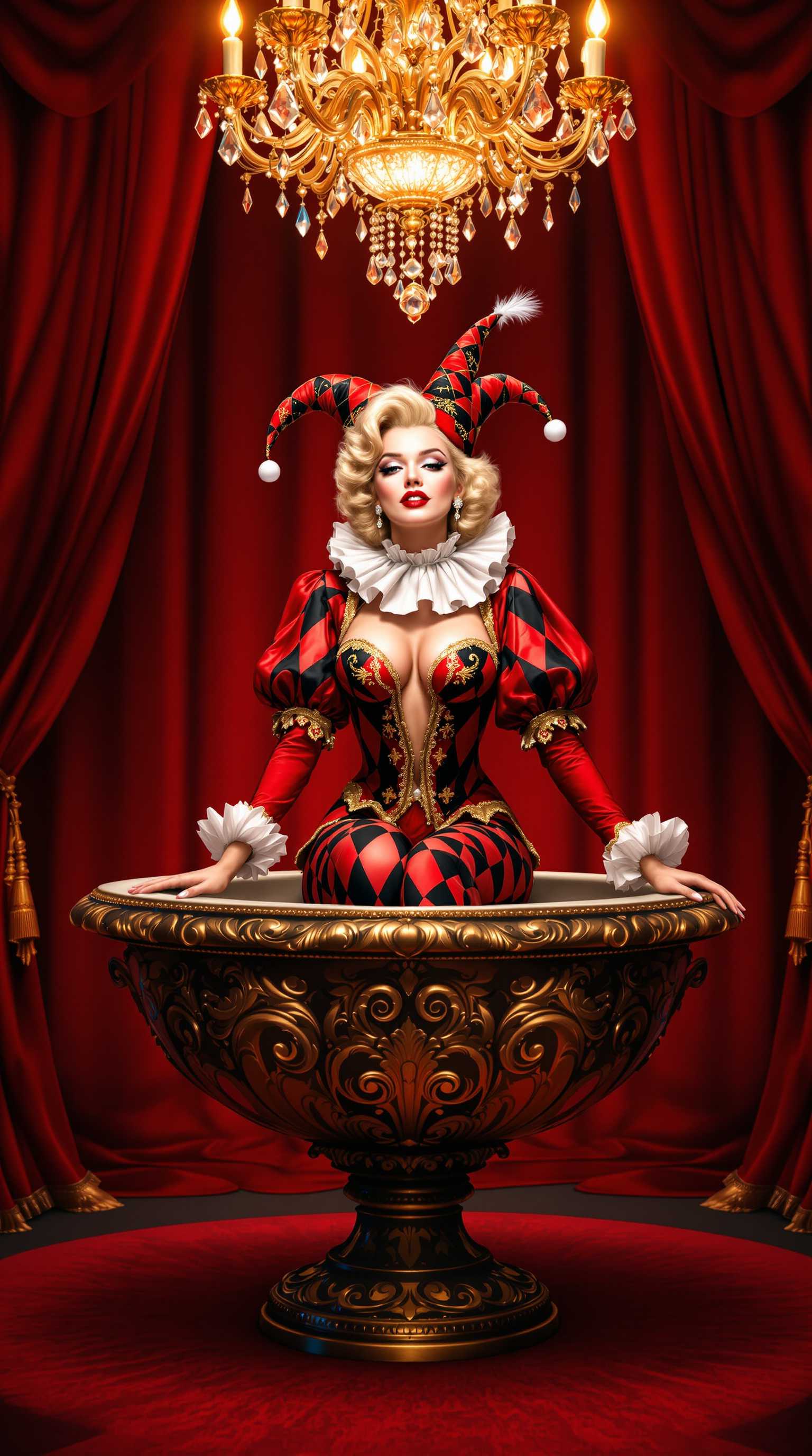  This image is a stylized and vibrant portrayal of Marilyn Monroe dressed in a costume that evokes the aesthetic of a harlequin or court jester. The character is seated on a large, ornate pedestal bowl, which is intricately designed with swirling patterns and embellishments, suggesting a sense of luxury and opulence. The pedestal bowl is placed on a rich red carpet, which complements the overall warm and dramatic ambiance of the setting.The characters costume is a mix of red, black, and white, with gold and red detailing that adds to the richness of the ensemble. The costume includes a bodice with a high neckline and long sleeves, both adorned with a diamond shaped pattern in red and black, and a white ruffled collar. The sleeves are puffed at the shoulders, adding volume and a playful touch to the outfit. The character also wears a matching hat with a feather, which adds a touch of whimsy and elegance.The setting is further embellished by a grand chandelier hanging from the ceiling, which is richly decorated with crystals and emits a warm, golden light. The chandelier casts a soft glow on the scene, highlighting the textures and colors of the costume and the pedestal bowl. The background is draped with luxurious red velvet curtains, which contribute to the opulent and theatrical atmosphere of the image.The overall art style of the image is reminiscent of a stylized portrait, with a focus on the character and the luxurious setting. The medium appears to be digital, given the smooth gradients and seamless blending of colors. The colors are rich and saturated, with a warm palette dominated by reds, oranges, and golds, creating a sense of drama and intensity. The contrast between the warm tones of the costume and the cool tones of the pedestal bowl adds depth and interest to the composition.