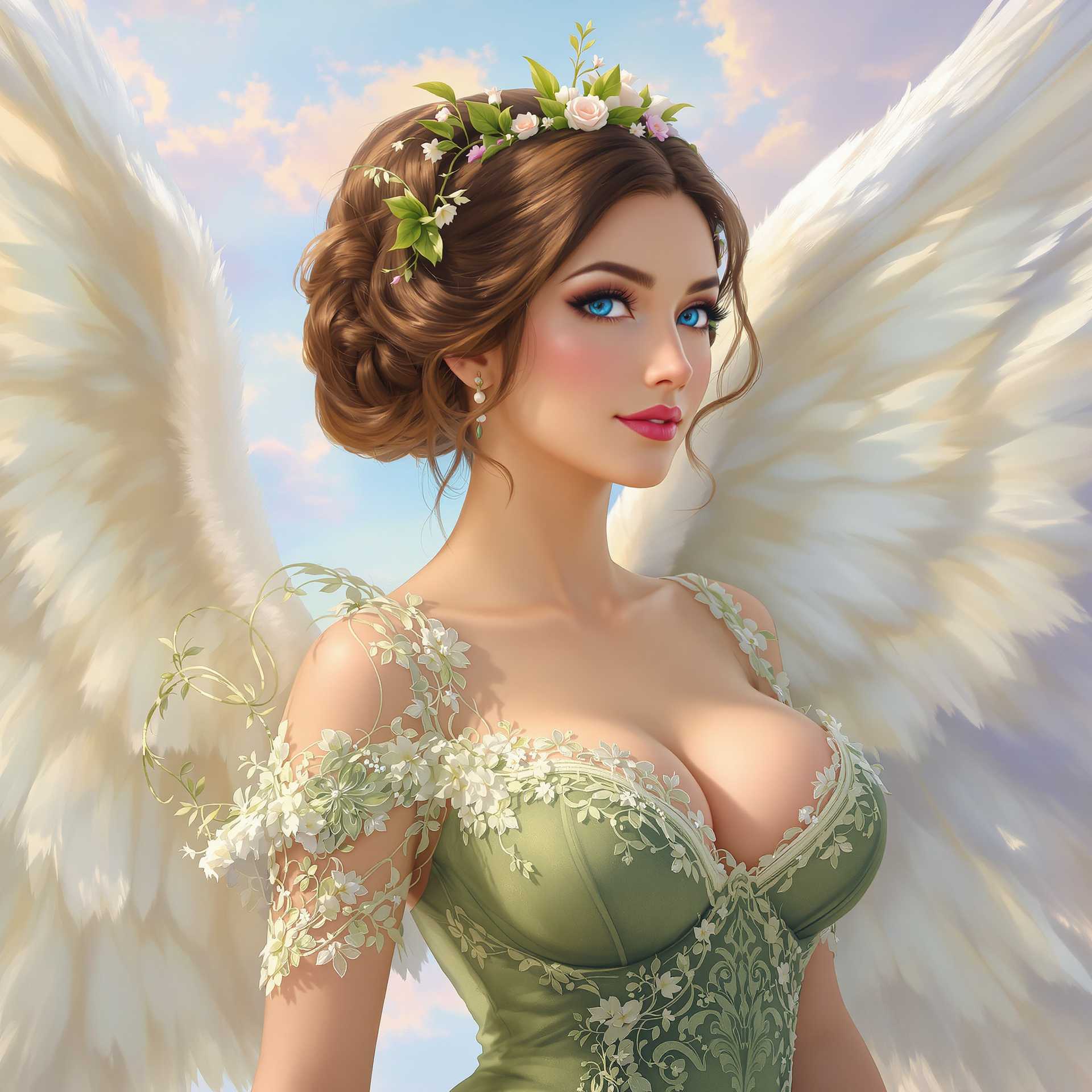 This image is a digital artwork that depicts a woman with angelic characteristics. The art style is highly detailed and realistic, with a touch of fantasy, as evidenced by the subjects wings and the ethereal quality of the image.The medium appears to be a digital painting, given the smooth gradients, the lack of texture that would be present in a traditional painting, and the seamless blending of colors and light.The colors in the image are soft and pastel, with a predominance of blues, greens, and whites. The figures skin is a warm, natural tone, providing a contrast to the cool colors of the background and the wings. The green of the figures dress is a rich, deep shade, with intricate lace detailing that adds texture and depth.The subject of the image is a female figure with a large bust, expressive blue eyes and a serene, almost otherworldly expression. Her hair is styled in an elaborate updo, adorned with a headpiece that includes small flowers and green leaves, suggesting a connection to nature. The hair is a rich brown, with highlights that catch the light, giving it volume and dimension.She wears a gown that is sheer and embellished with lace, which is a common element in fantasy art. The lace is detailed with floral patterns, and the gown has a fitted bodice that flares into a full skirt, creating a classic silhouette.The wings of the figure are expansive and feathered, with a soft white color that suggests purity and lightness. They are spread out behind her, and the feathers are rendered with a high level of detail, showing the individual barbs and the way they catch the light.The background of the image is a soft, cloudy sky, with gentle light filtering through, casting a warm glow on the figure and creating a sense of peacefulness. There are hints of pink and purple in the clouds, adding to the dreamlike quality of the scene.Overall, the image exudes a sense of fantasy, beauty, and tranquility, with a focus on the interplay of light, color, and form to create a lifelike and enchanting portrayal.