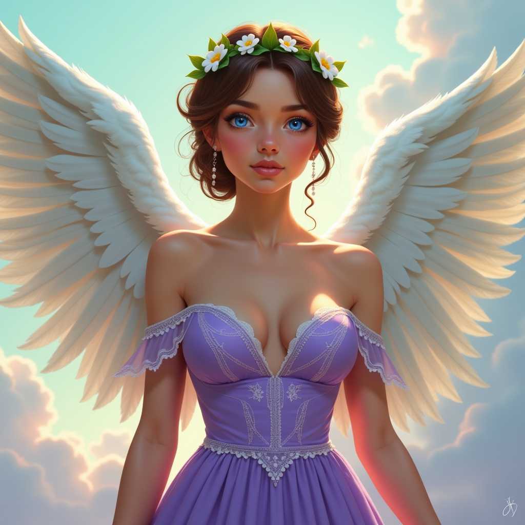 This image is a digital artwork that depicts a woman with angelic characteristics. The art style is highly detailed and realistic, with a touch of fantasy, as evidenced by the subjects wings and the ethereal quality of the image.The medium appears to be a digital painting, given the smooth gradients, the lack of texture that would be present in a traditional painting, and the seamless blending of colors and light.The colors in the image are soft and pastel, with a predominance of blues, greens, and whites. The figures skin is a warm, natural tone, providing a contrast to the cool colors of the background and the wings. The purple of the figures dress is a rich, deep shade, with intricate lace detailing that adds texture and depth.The subject of the image is a female figure with a large bust, expressive blue eyes and a serene, almost otherworldly expression. Her hair is styled in an elaborate updo, adorned with a headpiece that includes small flowers and green leaves, suggesting a connection to nature. The hair is a rich brown, with highlights that catch the light, giving it volume and dimension.She wears a gown that is sheer and embellished with lace, which is a common element in fantasy art. The lace is detailed with floral patterns, and the gown has a fitted bodice that flares into a full skirt, creating a classic silhouette.The wings of the figure are expansive and feathered, with a soft white color that suggests purity and lightness. They are spread out behind her, and the feathers are rendered with a high level of detail, showing the individual barbs and the way they catch the light.The background of the image is a soft, cloudy sky, with gentle light filtering through, casting a warm glow on the figure and creating a sense of peacefulness. There are hints of pink and purple in the clouds, adding to the dreamlike quality of the scene.Overall, the image exudes a sense of fantasy, beauty, and tranquility, with a focus on the interplay of light, color, and form to create a lifelike and enchanting portrayal.