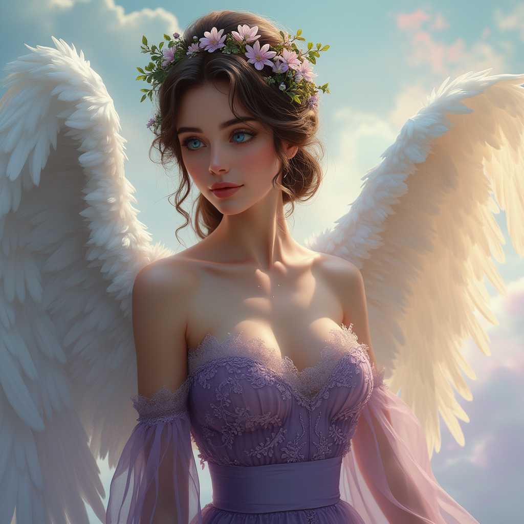 This image is a digital artwork that depicts a woman with angelic characteristics. The art style is highly detailed and realistic, with a touch of fantasy, as evidenced by the subjects wings and the ethereal quality of the image.The medium appears to be a digital painting, given the smooth gradients, the lack of texture that would be present in a traditional painting, and the seamless blending of colors and light.The colors in the image are soft and pastel, with a predominance of blues, greens, and whites. The figures skin is a warm, natural tone, providing a contrast to the cool colors of the background and the wings. The purple of the figures dress is a rich, deep shade, with intricate lace detailing that adds texture and depth.The subject of the image is a female figure with a large bust, expressive blue eyes and a serene, almost otherworldly expression. Her hair is styled in an elaborate updo, adorned with a headpiece that includes small flowers and green leaves, suggesting a connection to nature. The hair is a rich brown, with highlights that catch the light, giving it volume and dimension.She wears a gown that is sheer and embellished with lace, which is a common element in fantasy art. The lace is detailed with floral patterns, and the gown has a fitted bodice that flares into a full skirt, creating a classic silhouette.The wings of the figure are expansive and feathered, with a soft white color that suggests purity and lightness. They are spread out behind her, and the feathers are rendered with a high level of detail, showing the individual barbs and the way they catch the light.The background of the image is a soft, cloudy sky, with gentle light filtering through, casting a warm glow on the figure and creating a sense of peacefulness. There are hints of pink and purple in the clouds, adding to the dreamlike quality of the scene.Overall, the image exudes a sense of fantasy, beauty, and tranquility, with a focus on the interplay of light, color, and form to create a lifelike and enchanting portrayal.