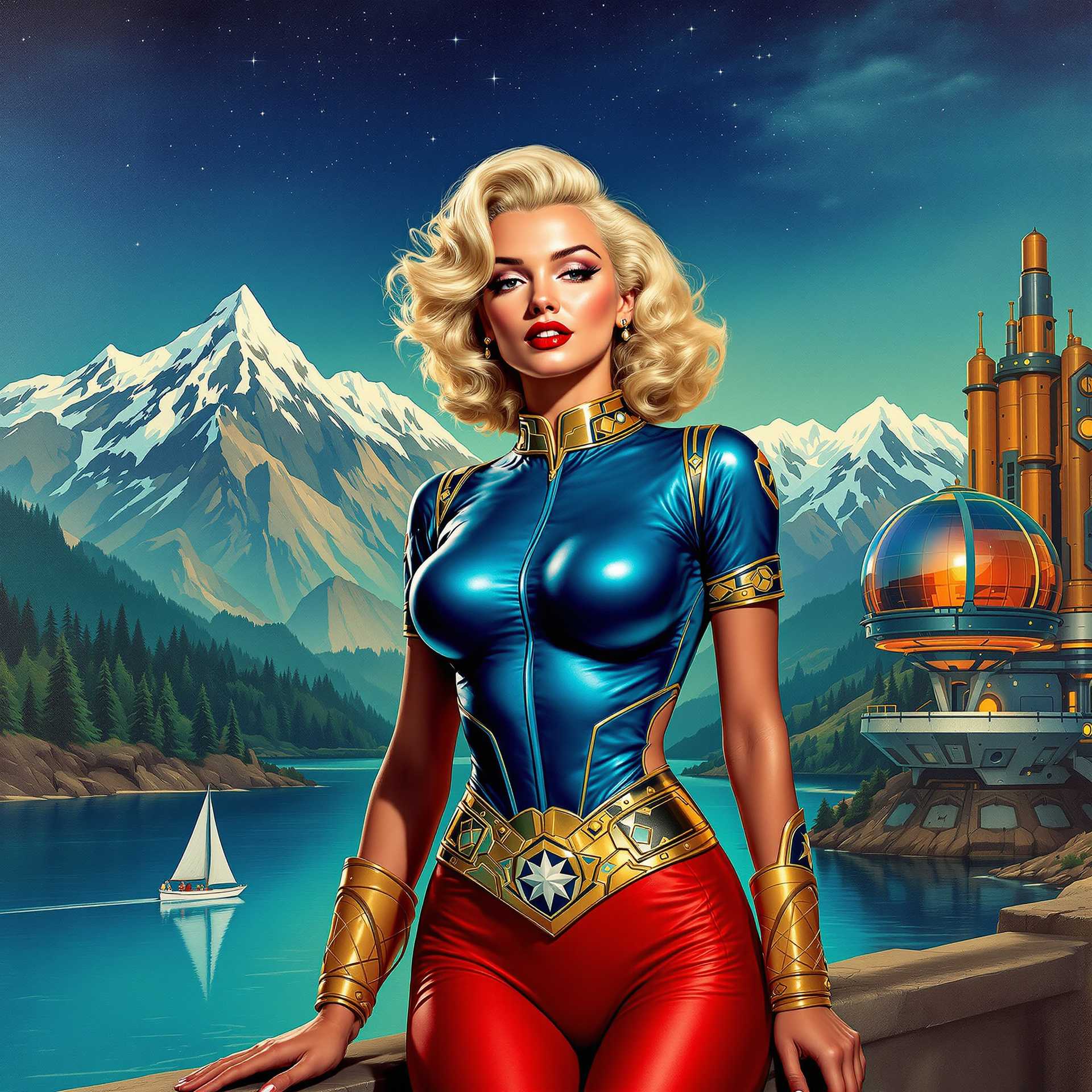 a photo of Marilyn Monroe, This image is a digital painting that captures a blend of science fiction and fantasy elements. The art style is reminiscent of pinup art, with a focus on the woman and a stylized, almost surreal landscape. The medium appears to be a digital painting, given the smooth blending of colors and the lack of texture that one might find in traditional painting mediums.The colors in the image are rich and vibrant, with a predominance of blues, greens, and golds. The blues and greens create a sense of depth and distance, while the golds add warmth and contrast. The sky is a gradient of blues, transitioning from a deep navy at the horizon to a lighter blue above, sprinkled with stars. The mountains in the background are a mix of blues and greens, with white peaks that catch the light, giving them a three dimensional effect.The central figure is a woman dressed in a blue and gold costume from the 1950's that suggests a superhero or fantasy character. The costume is detailed with gold trim and patterns that give it a metallic sheen. The red of the costume stands out against the cool tones of the landscape, drawing the eye directly to her. Her hair is a long, wavy blonde that flows down her back, and she has a confident, almost regal posture.In the foreground, there is a body of water that reflects the sky and the mountains, with a boat sailing on it. On the right side of the image, there is a futuristic looking structure that resembles a space station or observatory, with lights that suggest it is active. The structure is a mix of metallic and organic shapes, with a gradient of colors that transition from warm oranges to cool blues.Overall, the image is a rich tapestry of color and form, blending elements of fantasy and science fiction to create a compelling and visually engaging piece of art.
