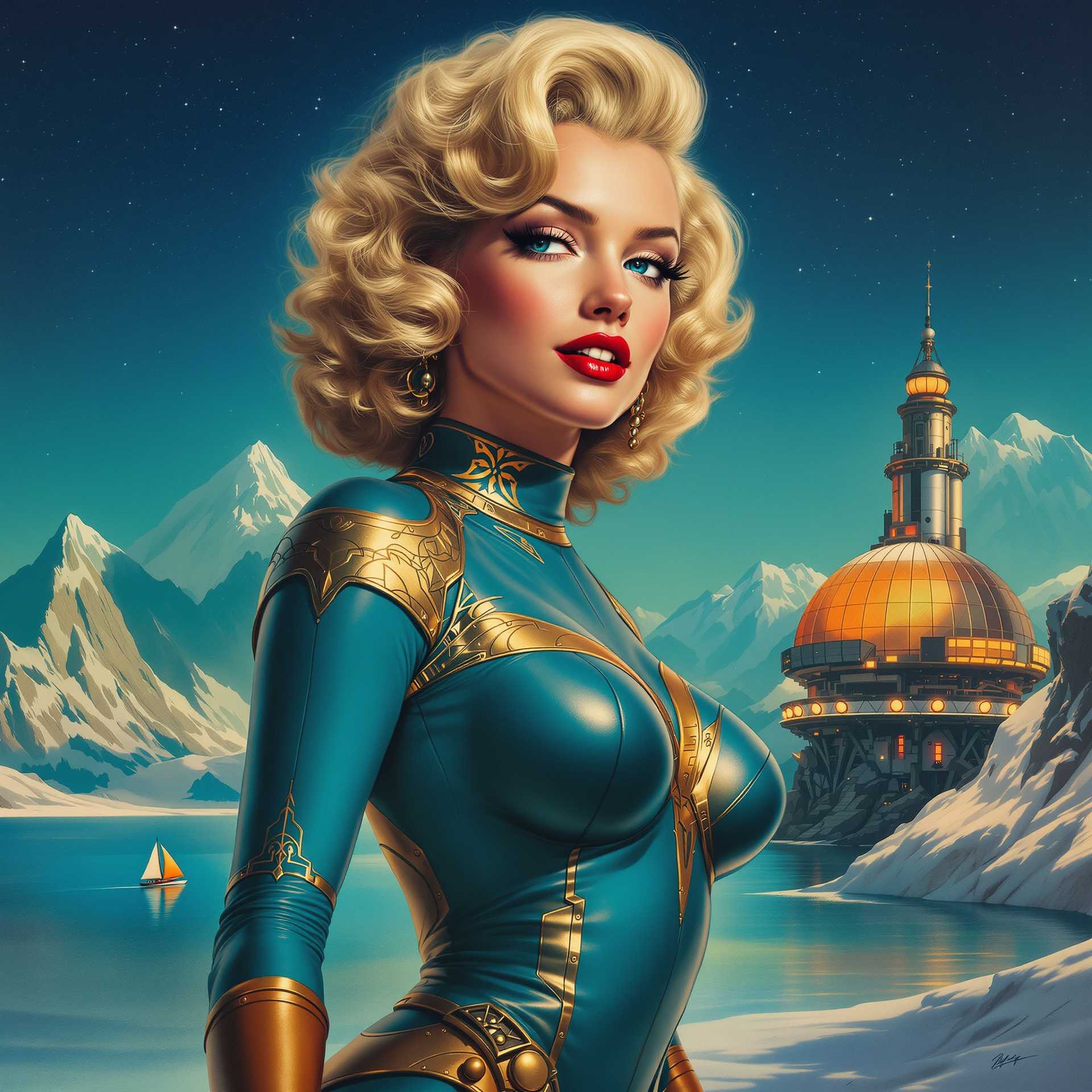 a photo of Marilyn Monroe, This image is a digital painting that captures a blend of science fiction and fantasy elements. The art style is reminiscent of pinup art, with a focus on the woman and a stylized, almost surreal landscape. The medium appears to be a digital painting, given the smooth blending of colors and the lack of texture that one might find in traditional painting mediums.The colors in the image are rich and vibrant, with a predominance of blues, greens, and golds. The blues and greens create a sense of depth and distance, while the golds add warmth and contrast. The sky is a gradient of blues, transitioning from a deep navy at the horizon to a lighter blue above, sprinkled with stars. The mountains in the background are a mix of blues and greens, with white peaks that catch the light, giving them a three dimensional effect.The central figure is a woman dressed in a blue and gold costume from the 1950's that suggests a superhero or fantasy character. The costume is detailed with gold trim and patterns that give it a metallic sheen. The red of the costume stands out against the cool tones of the landscape, drawing the eye directly to her. Her hair is a long, wavy blonde that flows down her back, and she has a confident, almost regal posture.In the foreground, there is a body of water that reflects the sky and the mountains, with a boat sailing on it. On the right side of the image, there is a futuristic looking structure that resembles a space station or observatory, with lights that suggest it is active. The structure is a mix of metallic and organic shapes, with a gradient of colors that transition from warm oranges to cool blues.Overall, the image is a rich tapestry of color and form, blending elements of fantasy and science fiction to create a compelling and visually engaging piece of art.