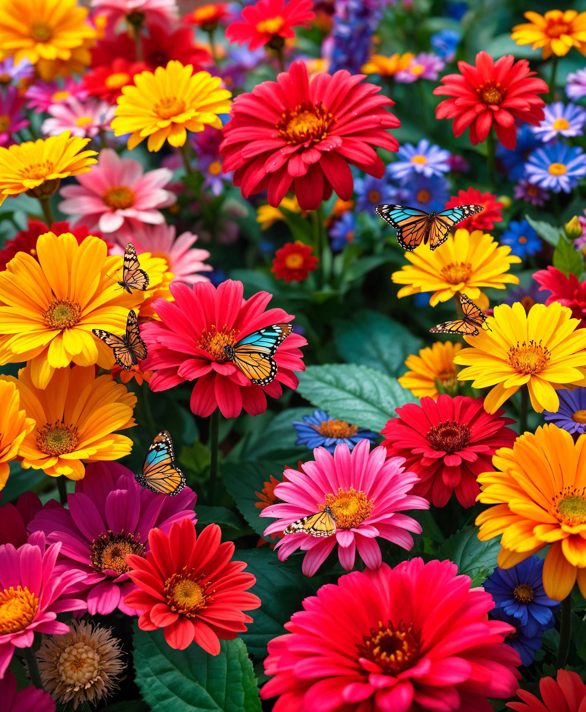 masterpiece, best quality, highres, sharp image, more detail, masterpiece, best quality, highres, sharp image, more detail, A vibrant garden scene, **bursting with highly detailed and colorful flowers**. The garden is a **kaleidoscope of colors** with **vivid reds, yellows, oranges, purples, and blues** creating a **visual feast**. The flowers range from **delicate petals** to **robust blooms**, each with **intricate patterns** and **textures**:

- **Petals** are **soft and velvety**, some with **veined patterns** visible upon close inspection, others with **glossy finishes**.
- **Leaves** exhibit **varied textures** from **smooth and glossy** to **rough and serrated**.

**Butterflies** flutter around, their **wings showcasing iridescent colors** that **complement the garden's palette**. They are **captured in various poses**: some **hovering** over the flowers, others **perched delicately** on petals or leaves.

**Composition**: The camera angle is **slightly low, looking up** to give a sense of the garden's depth and to capture the **fluttering butterflies** against the sky. The scene is **framed** to include a **pathway** leading into the garden, **drawing the viewer's eye** through the floral display.

**Mood and Atmosphere**: The image conveys a **sense of tranquility and wonder**. The **sunlight filters through the leaves**, casting **soft, dappled shadows** and **highlighting the vibrant colors**. The **time of day** is **mid-morning**, with **soft, warm light** enhancing the garden's allure. 

**Artistic Style**: This scene is **rendered in a hyper-realistic style** with **photographic clarity**, using **macro photography techniques** to capture **fine details** like **pollen on butterfly wings** and **water droplets on petals**.

**Technical Aspects**: Utilize **shallow depth of field** to focus on the **foreground flowers**, with **background elements** becoming **softly blurred**, creating a **dream-like quality**. **Aperture** settings should be **wide** to ensure **sharp focus** on the nearest flowers while **allowing for a gentle bokeh** in the background.

**Cohesion**: Every element from the **color scheme** to the **butterfly's interaction** with the garden works harmoniously to **evoke a serene, natural environment**, where **beauty and life** are intertwined in a **celebration of nature's splendor**.
