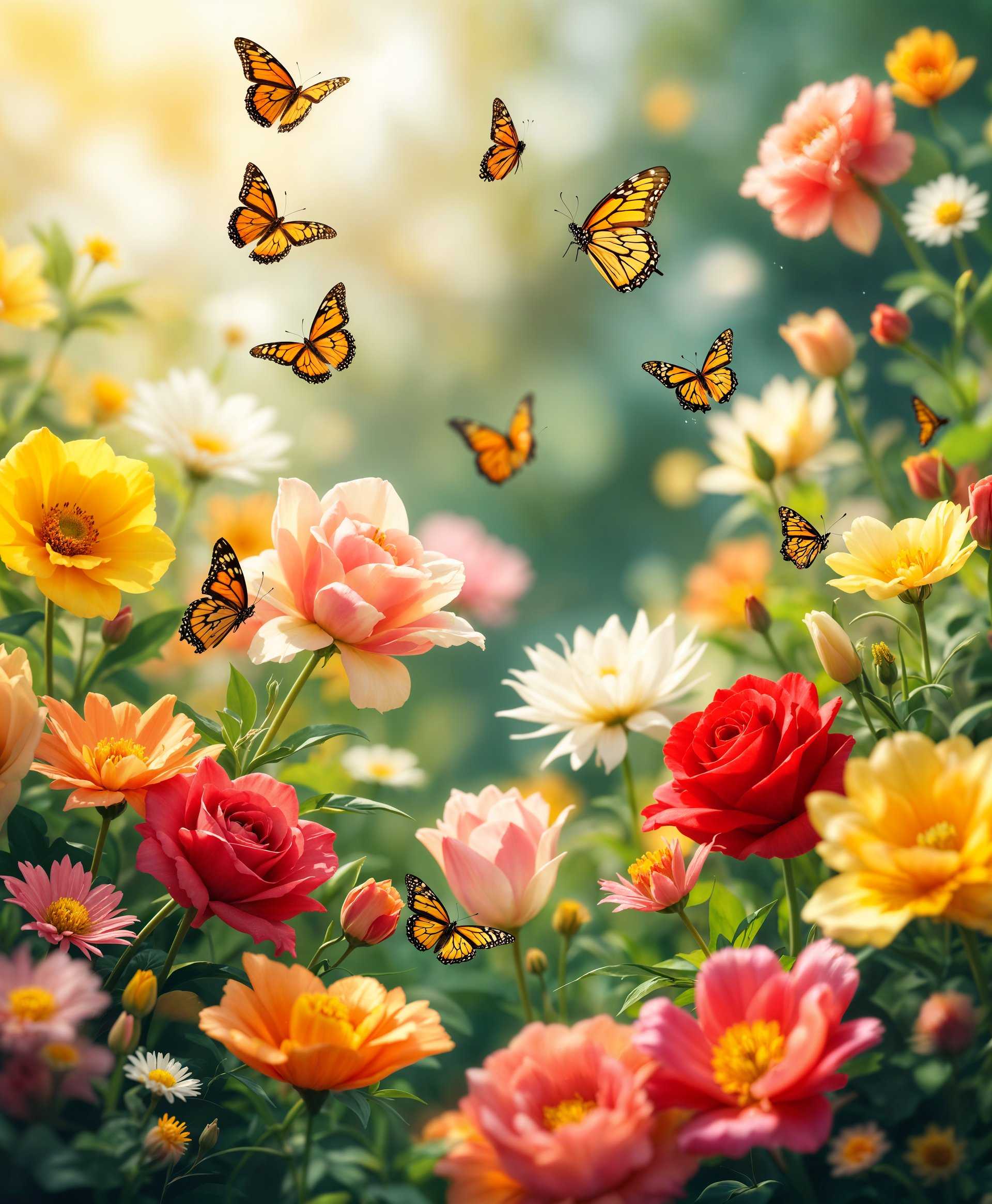 masterpiece, best quality, highres, sharp image, more detail, masterpiece, best quality, highres, sharp image, more detail, **Prompt for AI Image Generation:**

Create an ultra-high-resolution image of a **vibrant garden** at the peak of spring, where the **flowers are in full bloom**. The garden should be:

- **Visual Details:** 
  - **Flowers:** A diverse array of flowers like roses, tulips, daisies, and lilies, each with distinct, vivid colors - deep reds, bright yellows, soft pinks, and pure whites. Each petal should show realistic texture, with dew drops glistening on the edges, reflecting sunlight.
  - **Butterflies:** Graceful butterflies of various species, such as monarchs, swallowtails, and blue morphos, fluttering around. Their wings should display intricate patterns, shimmering in the light.

- **Style:**
  - Capture the scene in a **hyper-realistic** style, reminiscent of the detailed botanical illustrations from the Victorian era, but with a touch of impressionist softness in the background.

- **Composition:**
  - **Layout:** The garden should stretch into the distance, with flowers arranged in natural clusters, leading the eye through the scene. 
  - **Subject Positioning:** Focus on a central patch of flowers, with butterflies in various stages of flight around them. 
  - **Camera Angle:** Use a **wide-angle lens** to capture the expanse of the garden, with a slight downward tilt to include some of the ground, showing the texture of the soil and leaves.

- **Mood and Atmosphere:**
  - **Time of Day:** Early morning, with the golden hour light casting long shadows and highlighting the colors of the flowers.
  - **Weather:** Clear skies with soft, diffused sunlight filtering through the leaves, creating a warm, inviting atmosphere.
  - **Emotion:** The image should evoke a sense of tranquility, joy, and the pure beauty of nature.

- **Technical Aspects:**
  - **Lighting:** Employ a **chiaroscuro** technique to enhance the depth and dimensionality of the flowers and butterflies.
  - **Focus:** Use **selective focus** to blur the background slightly, keeping the central flowers and butterflies in sharp focus.
  - **Depth of Field:** A shallow depth of field to emphasize the foreground while allowing the background to become a soft, colorful blur.

This prompt aims to generate an image where every detail contributes to a visually captivating, harmonious scene of nature's splendor.