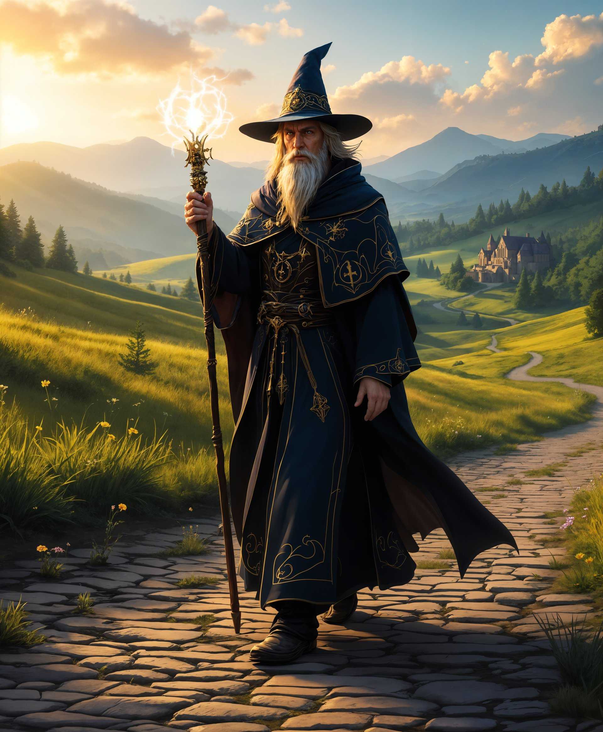 masterpiece, best quality, highres, sharp image, more detail, masterpiece, best quality, highres, sharp image, more detail, **Visualize a scene within an expansive, open-world MMORPG setting:**

- **Subject**: A **magician** character, adorned in **intricate robes with mystical symbols** and **a pointed hat**, carrying a **glowing staff** that emits a soft, ethereal light. The magician's face shows **wisdom and mystery**, with **eyes that seem to hold secrets**.

- **Environment**: The road is **cobbled and worn**, with **patches of grass and small wildflowers** growing between the stones. The **surrounding landscape** features **rolling hills**, **dense forests** in the distance, and **a faint path leading towards a distant, medieval-style village**.

- **Lighting and Color**: The scene is set during **golden hour**, casting **long shadows** and bathing everything in a **warm, golden light**. The colors are **vibrant yet slightly muted**, enhancing the **fantasy realism** of the game world.

- **Artistic Style**: Inspired by **fantasy illustrations** with a touch of **digital painting**, employing **cel shading** techniques to give a **cartoon-like yet detailed appearance**.

- **Composition**: The magician is **centered on the road**, walking towards the viewer, creating a **dynamic sense of movement**. The road **curves gently**, leading the eye into the scene. The **camera angle** is **slightly low**, giving the character a heroic stature.

- **Mood and Atmosphere**: There's an **air of adventure**, with a **sense of impending magic or wonder** in the air. The atmosphere is **calm yet expectant**, as if the world is on the brink of an adventure.

- **Technical Aspects**: Use **depth of field** to blur the background slightly, focusing on the magician. Employ **ambient occlusion** for realistic shadows, and **high dynamic range imaging (HDRI)** to capture the nuances of light and shadow. 

- **Cohesion**: All elements should harmoniously blend to create a believable, immersive game world, where the magician's presence feels both integral and enchanting.