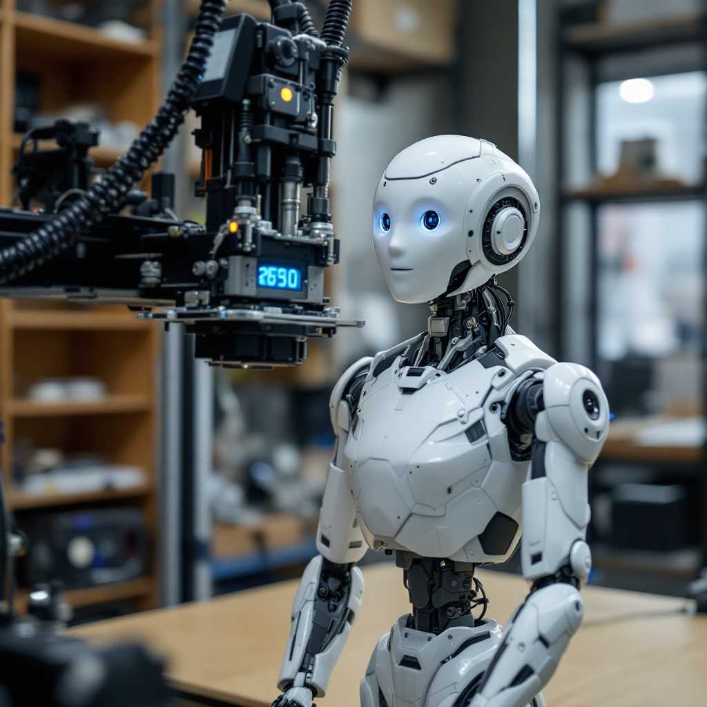 Futuristic Humanoid Robot in High-Tech Workshop