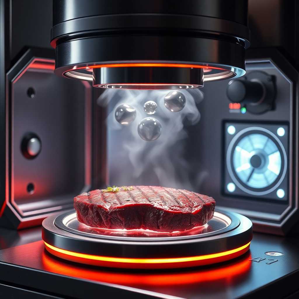 an atomic replicator creating a delicious steak