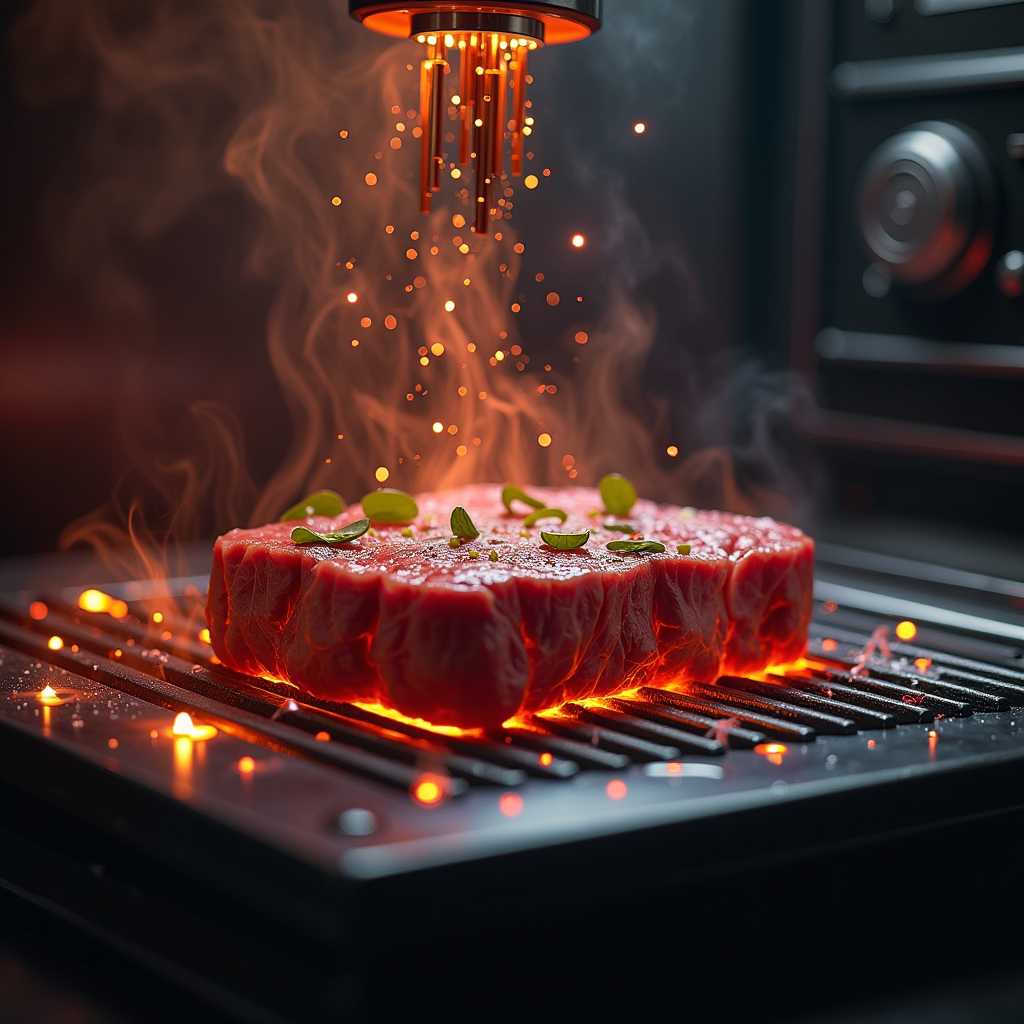 an atomic replicator creating a delicious steak