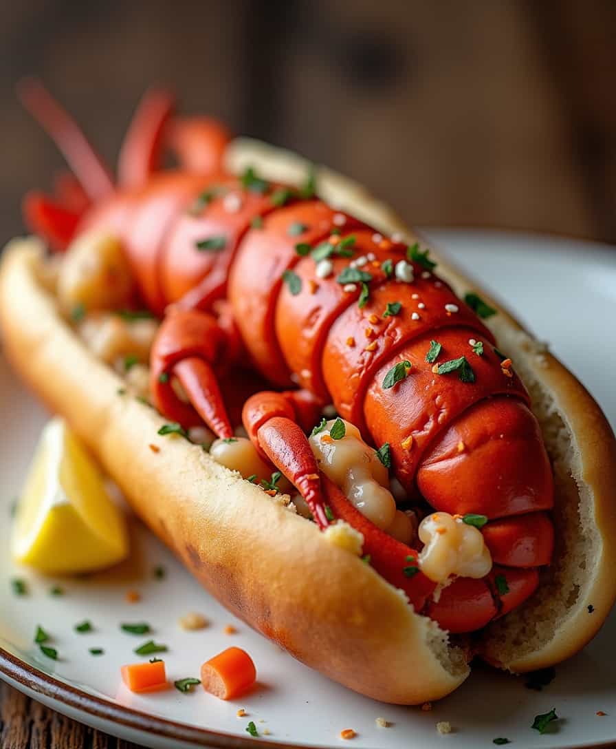 a lobster roll with a live lobster in it