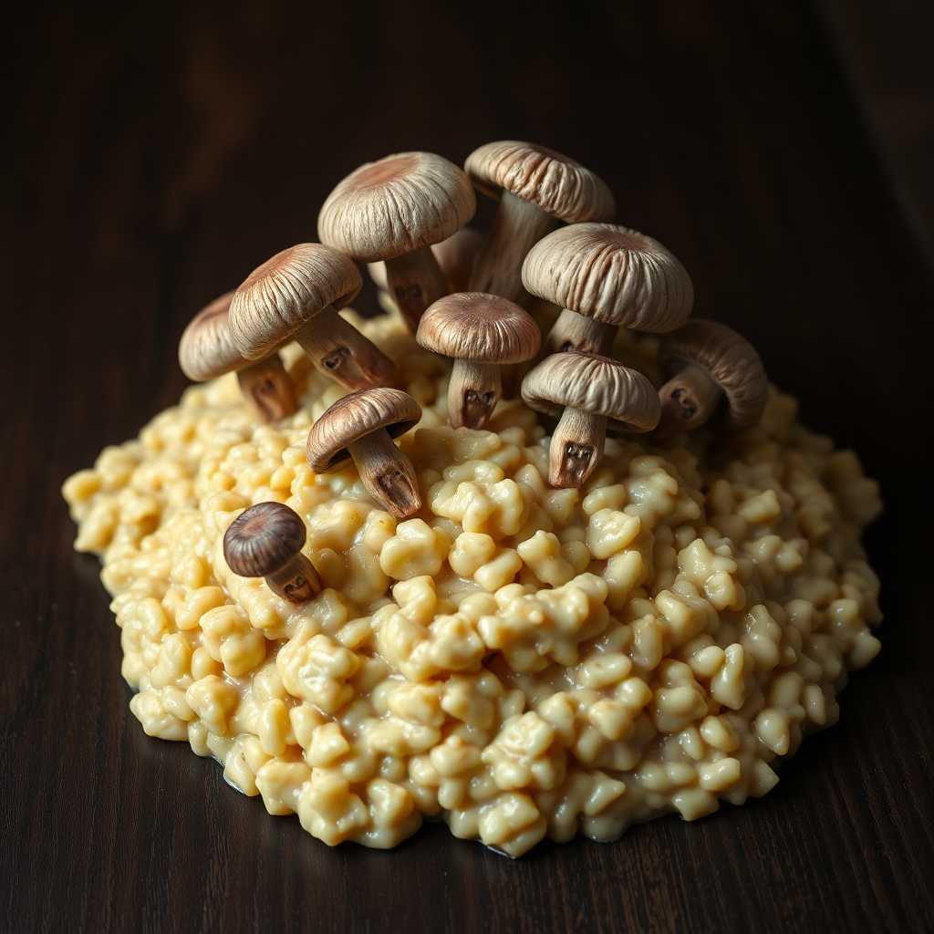 Create a photorealistic image of a **mushroom risotto** with the following specifications:

- **Visual Details**: 
  - The risotto is creamy and rich, with a texture that looks like it has been stirred to perfection, showcasing a glossy finish. 
  - The mushrooms are not just any mushrooms; they are animated and appear to be in a state of panic or distress, with wide eyes, tiny mouths, and expressions of fear or agony.
  - The mushrooms are of various sizes, with some having legs or tentacles, trying to escape from the dish. Their gills are visible, and they have a slightly translucent quality.

- **Style**: 
  - The overall image should have a surreal, hyper-realistic quality, reminiscent of Salvador Dalí's work but with the precision of food photography.

- **Composition**: 
  - The dish is centered on a dark wooden table, with the risotto taking up most of the frame. 
  - The camera is positioned slightly above, looking down at an angle that captures the depth of the dish and the expressions of the mushrooms.
  - The background should be slightly out of focus, with subtle hints of a rustic kitchen environment.

- **Mood and Atmosphere**: 
  - The lighting should be dramatic with strong shadows and highlights, giving the dish an almost otherworldly glow, enhancing the surreal nature of the scene.
  - The atmosphere is one of tension, with the risotto appearing both comforting and disturbing due to the animated mushrooms.

- **Technical Aspects**: 
  - Use techniques like rim lighting to highlight the edges of the mushrooms, giving them a sense of depth and making their expressions more vivid.
  - The depth of field should be shallow to keep the focus on the risotto and its screaming mushrooms, with a soft blur on the edges of the frame.

- **Cohesion**: 
  - All elements must work together to create a bizarre yet believable scene where the risotto itself seems normal, but the mushrooms' animation adds an unexpected, fantastical element. The surreal nature should be balanced with the realism of the food preparation to create a cohesive, engaging image.