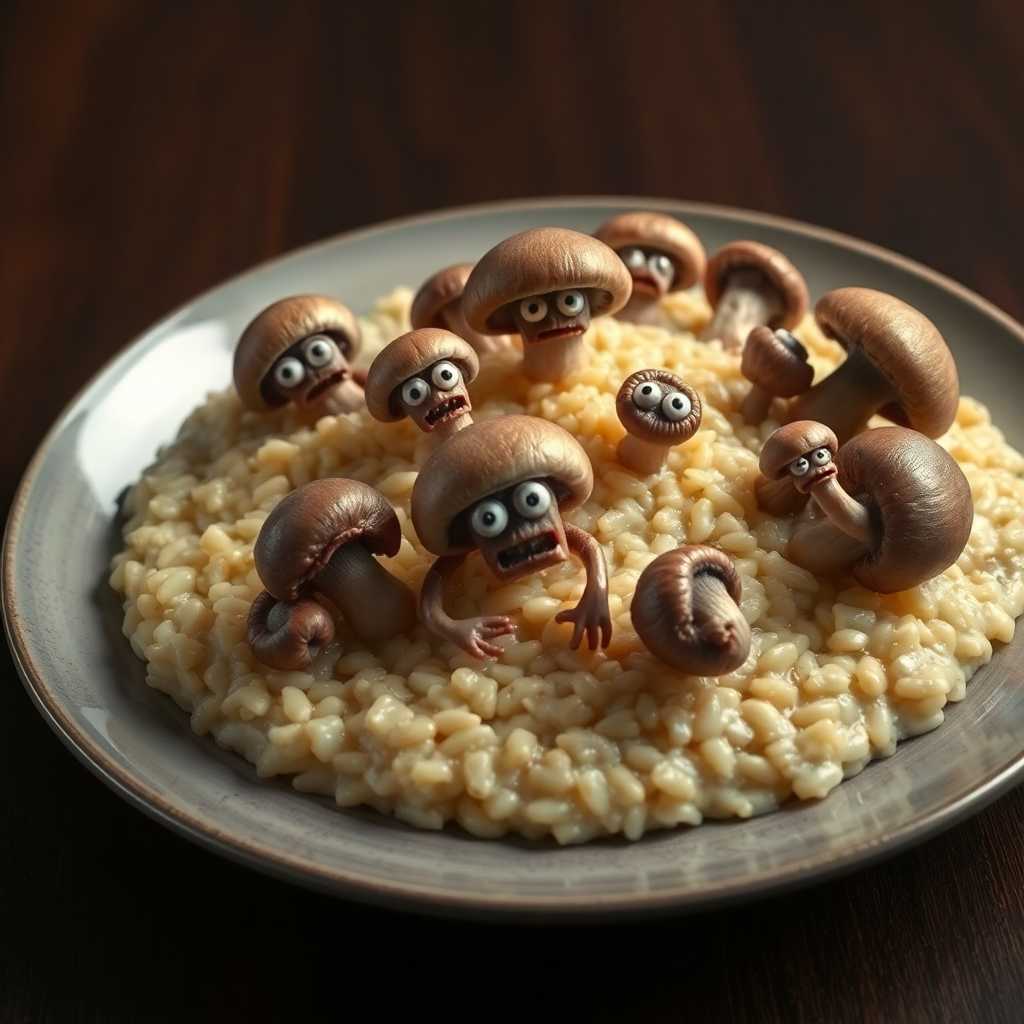 Create a photorealistic image of a **mushroom risotto** with the following specifications:

- **Visual Details**: 
  - The risotto is creamy and rich, with a texture that looks like it has been stirred to perfection, showcasing a glossy finish. 
  - The mushrooms are not just any mushrooms; they are animated and appear to be in a state of panic or distress, with wide eyes, tiny mouths, and expressions of fear or agony.
  - The mushrooms are of various sizes, with some having legs or tentacles, trying to escape from the dish. Their gills are visible, and they have a slightly translucent quality.

- **Style**: 
  - The overall image should have a surreal, hyper-realistic quality, reminiscent of Salvador Dalí's work but with the precision of food photography.

- **Composition**: 
  - The dish is centered on a dark wooden table, with the risotto taking up most of the frame. 
  - The camera is positioned slightly above, looking down at an angle that captures the depth of the dish and the expressions of the mushrooms.
  - The background should be slightly out of focus, with subtle hints of a rustic kitchen environment.

- **Mood and Atmosphere**: 
  - The lighting should be dramatic with strong shadows and highlights, giving the dish an almost otherworldly glow, enhancing the surreal nature of the scene.
  - The atmosphere is one of tension, with the risotto appearing both comforting and disturbing due to the animated mushrooms.

- **Technical Aspects**: 
  - Use techniques like rim lighting to highlight the edges of the mushrooms, giving them a sense of depth and making their expressions more vivid.
  - The depth of field should be shallow to keep the focus on the risotto and its screaming mushrooms, with a soft blur on the edges of the frame.

- **Cohesion**: 
  - All elements must work together to create a bizarre yet believable scene where the risotto itself seems normal, but the mushrooms' animation adds an unexpected, fantastical element. The surreal nature should be balanced with the realism of the food preparation to create a cohesive, engaging image.