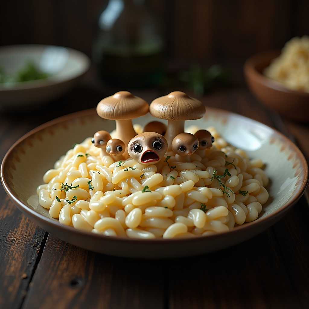 Create a photorealistic image of a **mushroom risotto** with the following specifications:

- **Visual Details**: 
  - The risotto is creamy and rich, with a texture that looks like it has been stirred to perfection, showcasing a glossy finish. 
  - The mushrooms are not just any mushrooms; they are animated and appear to be in a state of panic or distress, with wide eyes, tiny mouths, and expressions of fear or agony.
  - The mushrooms are of various sizes, with some having legs or tentacles, trying to escape from the dish. Their gills are visible, and they have a slightly translucent quality.

- **Style**: 
  - The overall image should have a surreal, hyper-realistic quality, reminiscent of Salvador Dalí's work but with the precision of food photography.

- **Composition**: 
  - The dish is centered on a dark wooden table, with the risotto taking up most of the frame. 
  - The camera is positioned slightly above, looking down at an angle that captures the depth of the dish and the expressions of the mushrooms.
  - The background should be slightly out of focus, with subtle hints of a rustic kitchen environment.

- **Mood and Atmosphere**: 
  - The lighting should be dramatic with strong shadows and highlights, giving the dish an almost otherworldly glow, enhancing the surreal nature of the scene.
  - The atmosphere is one of tension, with the risotto appearing both comforting and disturbing due to the animated mushrooms.

- **Technical Aspects**: 
  - Use techniques like rim lighting to highlight the edges of the mushrooms, giving them a sense of depth and making their expressions more vivid.
  - The depth of field should be shallow to keep the focus on the risotto and its screaming mushrooms, with a soft blur on the edges of the frame.

- **Cohesion**: 
  - All elements must work together to create a bizarre yet believable scene where the risotto itself seems normal, but the mushrooms' animation adds an unexpected, fantastical element. The surreal nature should be balanced with the realism of the food preparation to create a cohesive, engaging image.