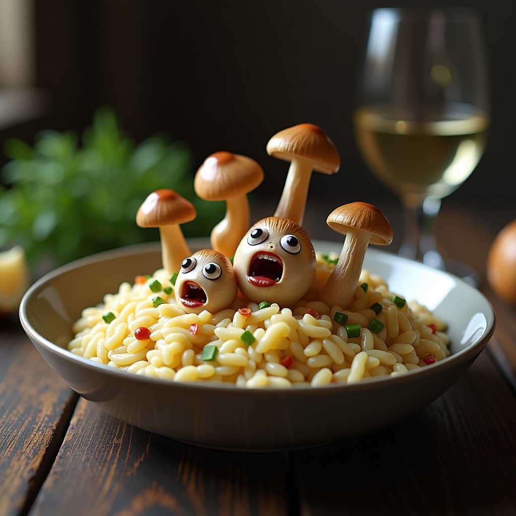 Create a photorealistic image of a **mushroom risotto** with the following specifications:

- **Visual Details**: 
  - The risotto is creamy and rich, with a texture that looks like it has been stirred to perfection, showcasing a glossy finish. 
  - The mushrooms are not just any mushrooms; they are animated and appear to be in a state of panic or distress, with wide eyes, tiny mouths, and expressions of fear or agony.
  - The mushrooms are of various sizes, with some having legs or tentacles, trying to escape from the dish. Their gills are visible, and they have a slightly translucent quality.

- **Style**: 
  - The overall image should have a surreal, hyper-realistic quality, reminiscent of Salvador Dalí's work but with the precision of food photography.

- **Composition**: 
  - The dish is centered on a dark wooden table, with the risotto taking up most of the frame. 
  - The camera is positioned slightly above, looking down at an angle that captures the depth of the dish and the expressions of the mushrooms.
  - The background should be slightly out of focus, with subtle hints of a rustic kitchen environment.

- **Mood and Atmosphere**: 
  - The lighting should be dramatic with strong shadows and highlights, giving the dish an almost otherworldly glow, enhancing the surreal nature of the scene.
  - The atmosphere is one of tension, with the risotto appearing both comforting and disturbing due to the animated mushrooms.

- **Technical Aspects**: 
  - Use techniques like rim lighting to highlight the edges of the mushrooms, giving them a sense of depth and making their expressions more vivid.
  - The depth of field should be shallow to keep the focus on the risotto and its screaming mushrooms, with a soft blur on the edges of the frame.

- **Cohesion**: 
  - All elements must work together to create a bizarre yet believable scene where the risotto itself seems normal, but the mushrooms' animation adds an unexpected, fantastical element. The surreal nature should be balanced with the realism of the food preparation to create a cohesive, engaging image.