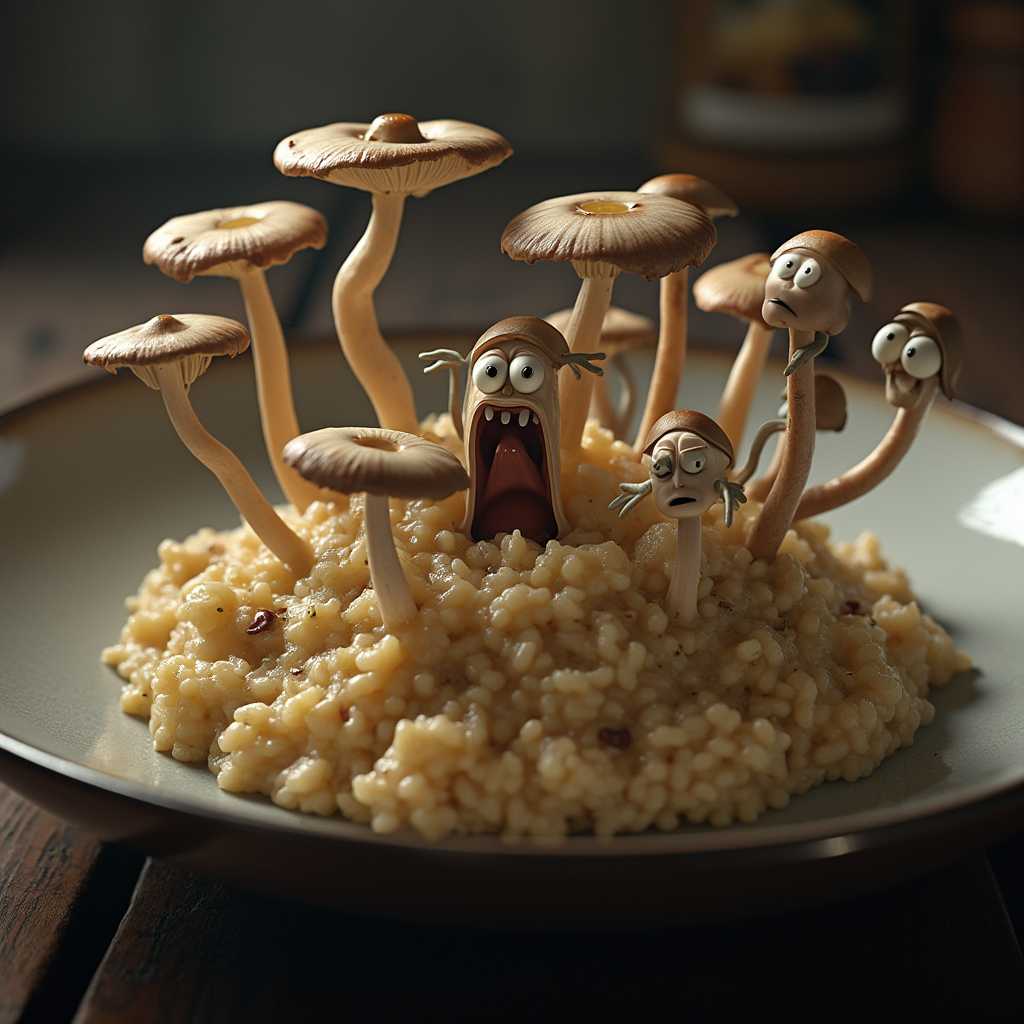 Create a photorealistic image of a **mushroom risotto** with the following specifications:

- **Visual Details**: 
  - The risotto is creamy and rich, with a texture that looks like it has been stirred to perfection, showcasing a glossy finish. 
  - The mushrooms are not just any mushrooms; they are animated and appear to be in a state of panic or distress, with wide eyes, tiny mouths, and expressions of fear or agony.
  - The mushrooms are of various sizes, with some having legs or tentacles, trying to escape from the dish. Their gills are visible, and they have a slightly translucent quality.

- **Style**: 
  - The overall image should have a surreal, hyper-realistic quality, reminiscent of Salvador Dalí's work but with the precision of food photography.

- **Composition**: 
  - The dish is centered on a dark wooden table, with the risotto taking up most of the frame. 
  - The camera is positioned slightly above, looking down at an angle that captures the depth of the dish and the expressions of the mushrooms.
  - The background should be slightly out of focus, with subtle hints of a rustic kitchen environment.

- **Mood and Atmosphere**: 
  - The lighting should be dramatic with strong shadows and highlights, giving the dish an almost otherworldly glow, enhancing the surreal nature of the scene.
  - The atmosphere is one of tension, with the risotto appearing both comforting and disturbing due to the animated mushrooms.

- **Technical Aspects**: 
  - Use techniques like rim lighting to highlight the edges of the mushrooms, giving them a sense of depth and making their expressions more vivid.
  - The depth of field should be shallow to keep the focus on the risotto and its screaming mushrooms, with a soft blur on the edges of the frame.

- **Cohesion**: 
  - All elements must work together to create a bizarre yet believable scene where the risotto itself seems normal, but the mushrooms' animation adds an unexpected, fantastical element. The surreal nature should be balanced with the realism of the food preparation to create a cohesive, engaging image.