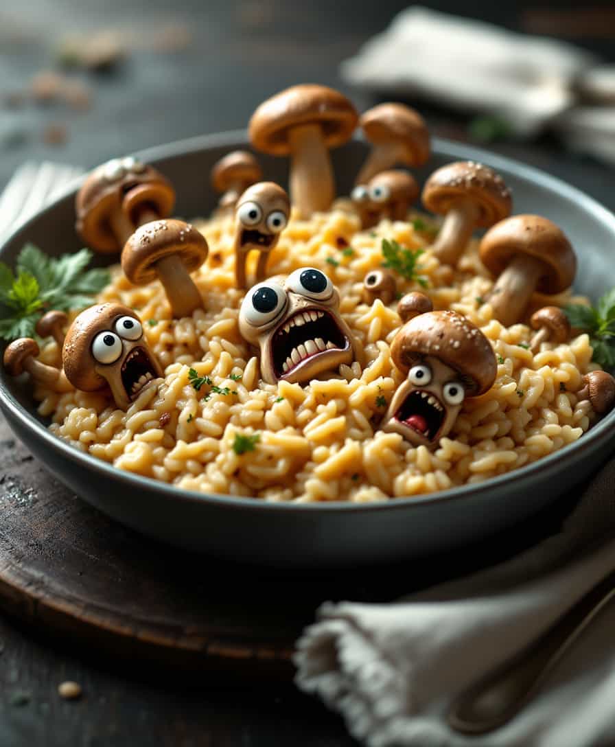 Create a photorealistic image of a **mushroom risotto** with the following specifications:

- **Visual Details**: 
  - The risotto is creamy and rich, with a texture that looks like it has been stirred to perfection, showcasing a glossy finish. 
  - The mushrooms are not just any mushrooms; they are animated and appear to be in a state of panic or distress, with wide eyes, tiny mouths, and expressions of fear or agony.
  - The mushrooms are of various sizes, with some having legs or tentacles, trying to escape from the dish. Their gills are visible, and they have a slightly translucent quality.

- **Style**: 
  - The overall image should have a surreal, hyper-realistic quality, reminiscent of Salvador Dalí's work but with the precision of food photography.

- **Composition**: 
  - The dish is centered on a dark wooden table, with the risotto taking up most of the frame. 
  - The camera is positioned slightly above, looking down at an angle that captures the depth of the dish and the expressions of the mushrooms.
  - The background should be slightly out of focus, with subtle hints of a rustic kitchen environment.

- **Mood and Atmosphere**: 
  - The lighting should be dramatic with strong shadows and highlights, giving the dish an almost otherworldly glow, enhancing the surreal nature of the scene.
  - The atmosphere is one of tension, with the risotto appearing both comforting and disturbing due to the animated mushrooms.

- **Technical Aspects**: 
  - Use techniques like rim lighting to highlight the edges of the mushrooms, giving them a sense of depth and making their expressions more vivid.
  - The depth of field should be shallow to keep the focus on the risotto and its screaming mushrooms, with a soft blur on the edges of the frame.

- **Cohesion**: 
  - All elements must work together to create a bizarre yet believable scene where the risotto itself seems normal, but the mushrooms' animation adds an unexpected, fantastical element. The surreal nature should be balanced with the realism of the food preparation to create a cohesive, engaging image.